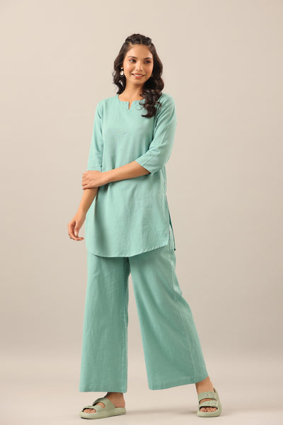 Solid Turquoise Khadi Cotton Loungewear Set