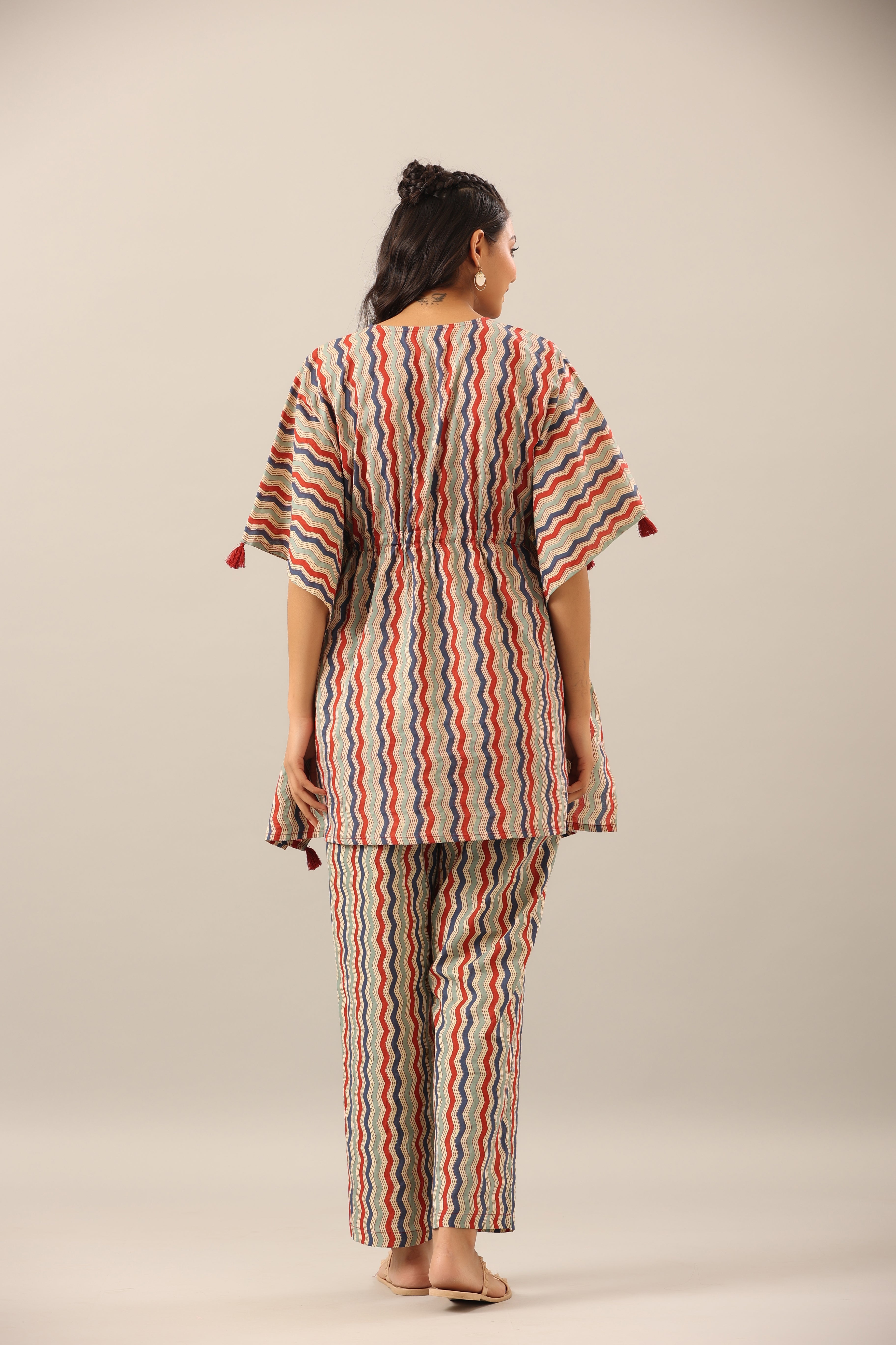 Zigzag on beige cotton Kaftan Pajama Set