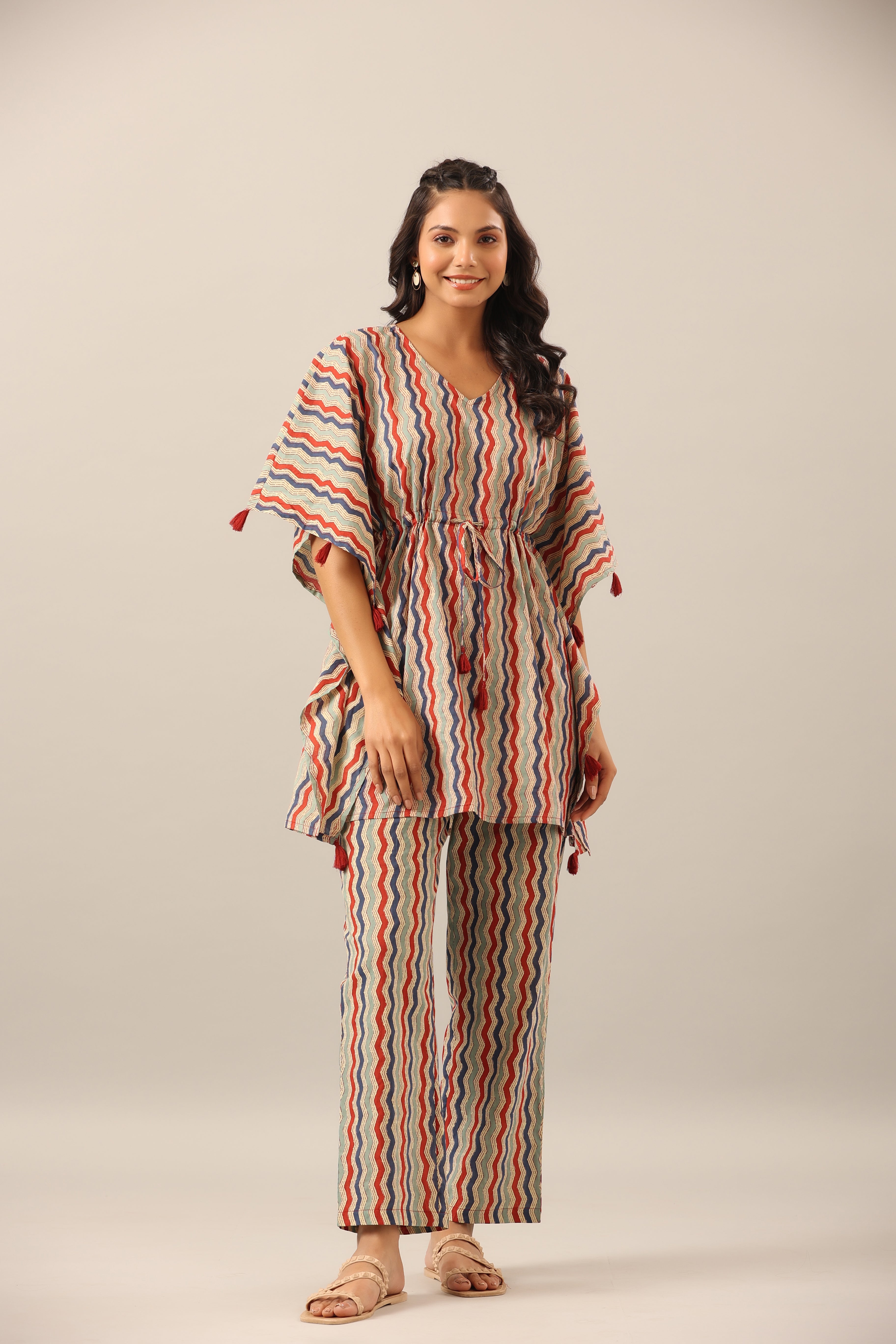 Zigzag on beige cotton Kaftan Pajama Set