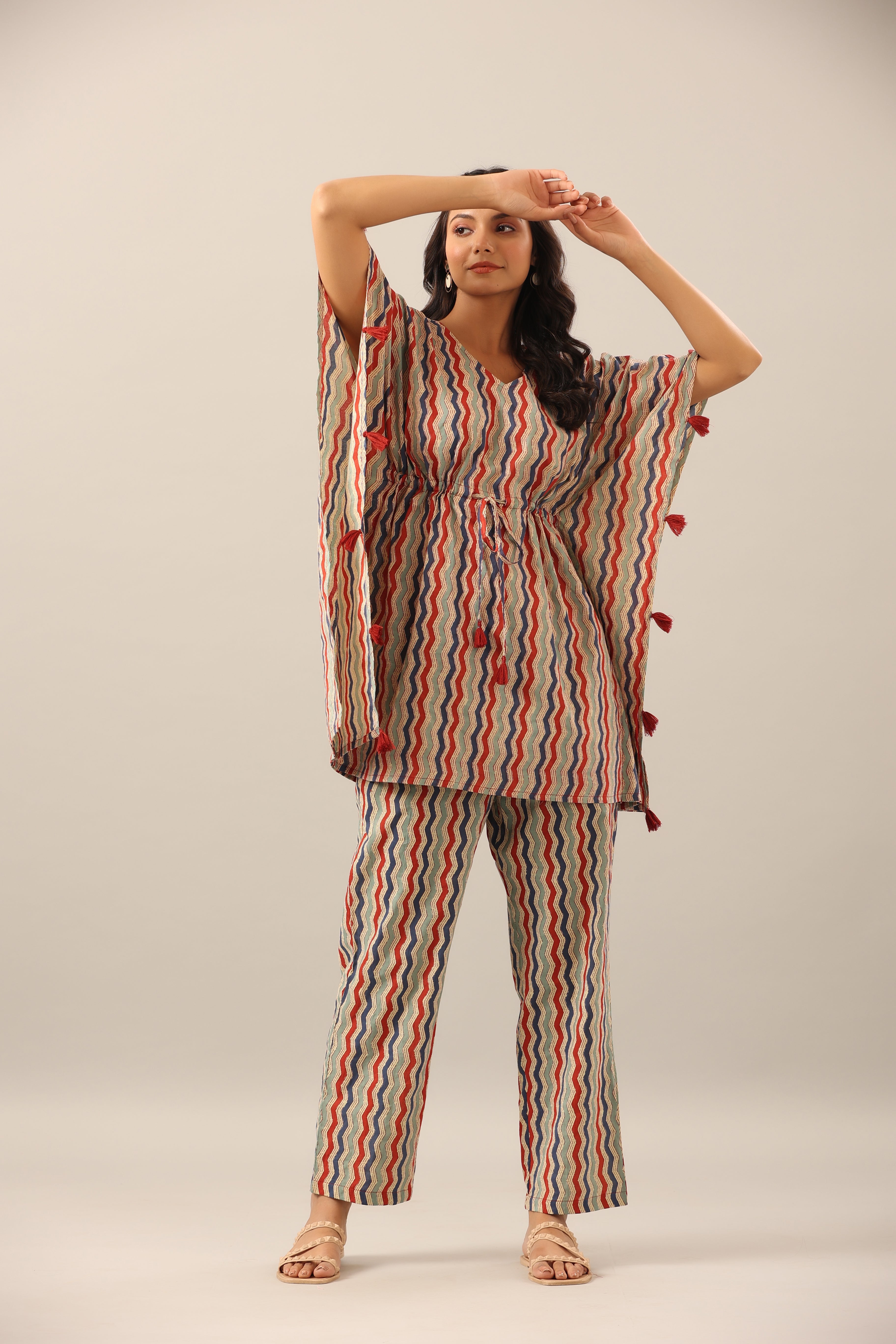 Zigzag on beige cotton Kaftan Pajama Set