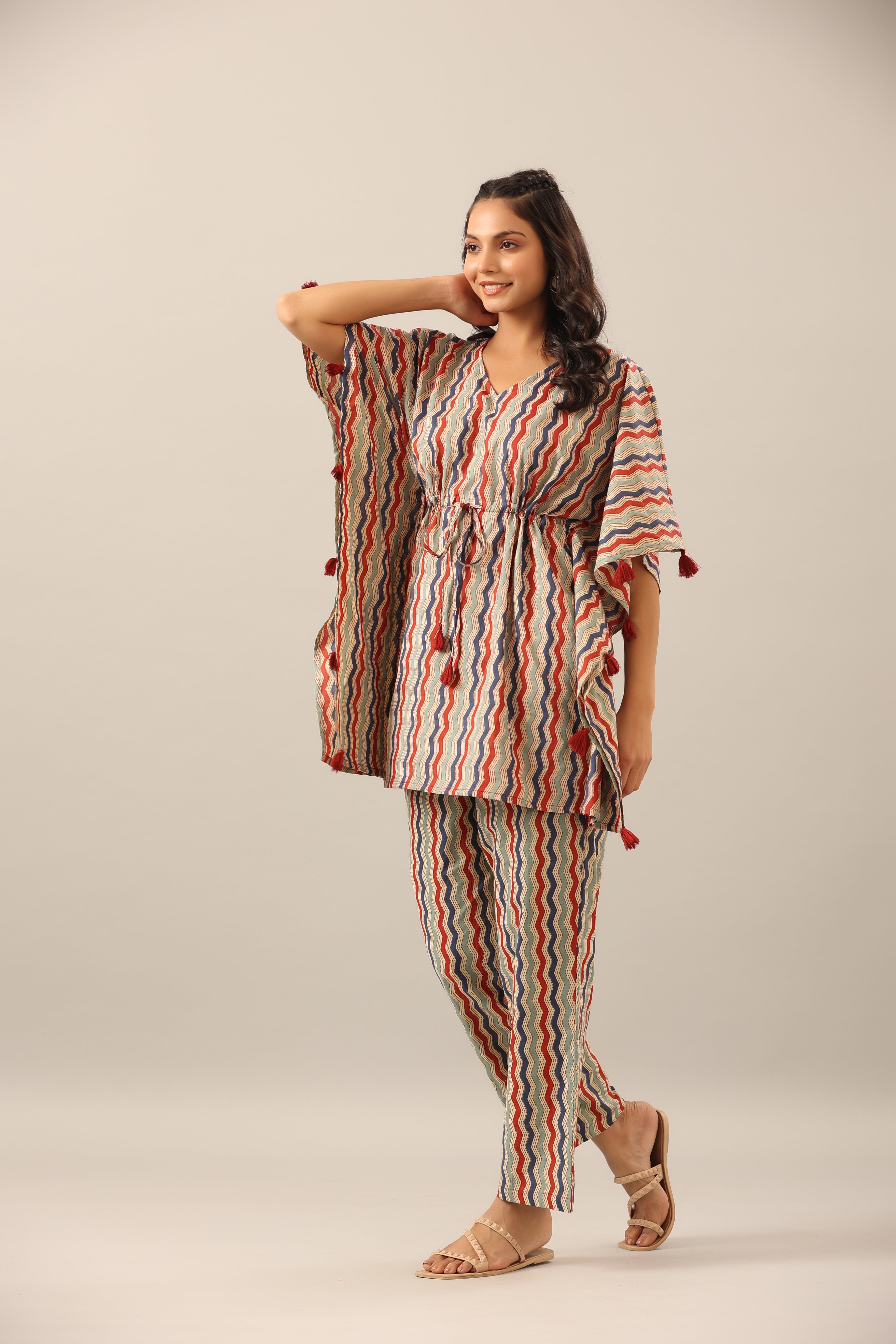 Zigzag on beige cotton Kaftan Pajama Set