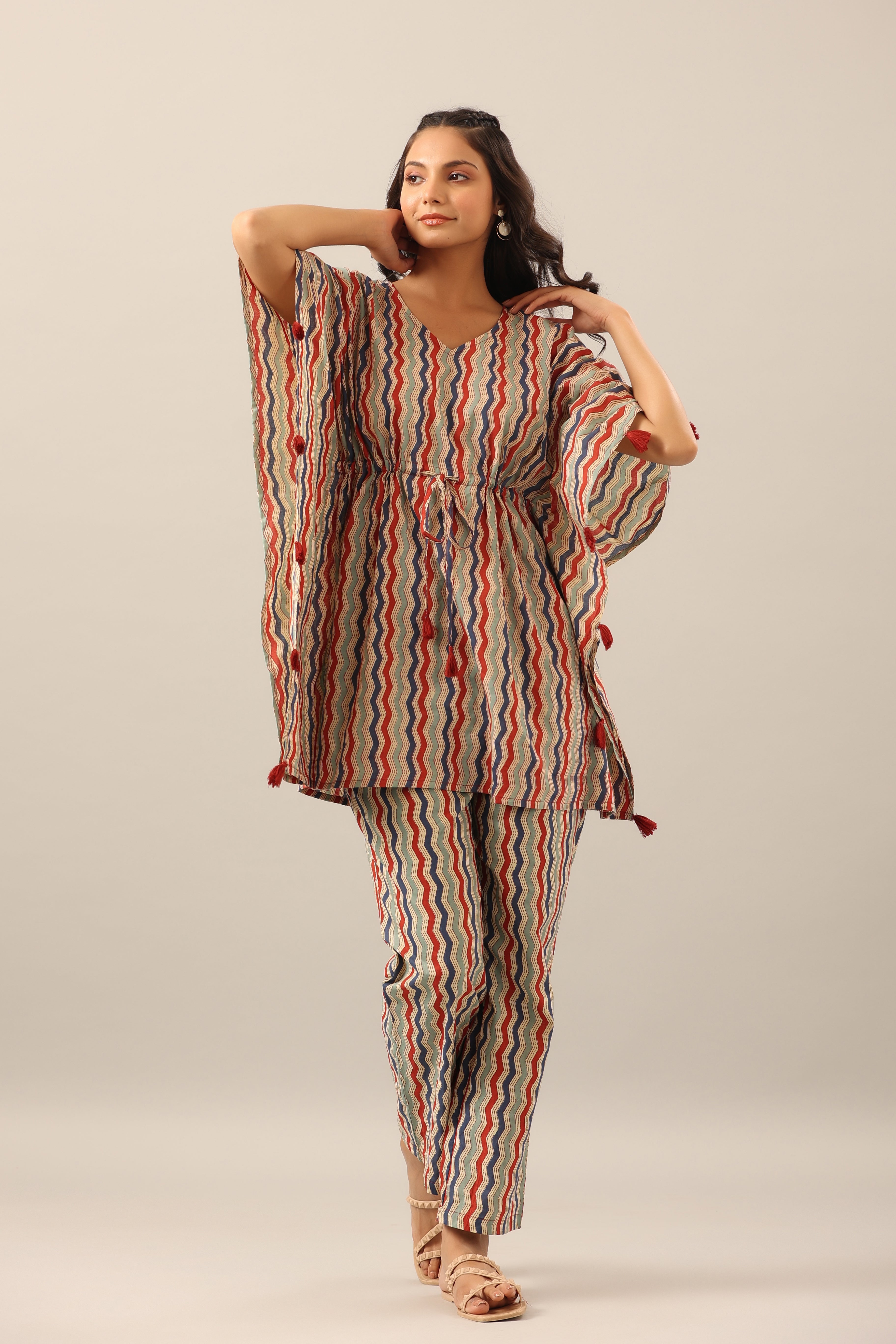 Zigzag on beige cotton Kaftan Pajama Set