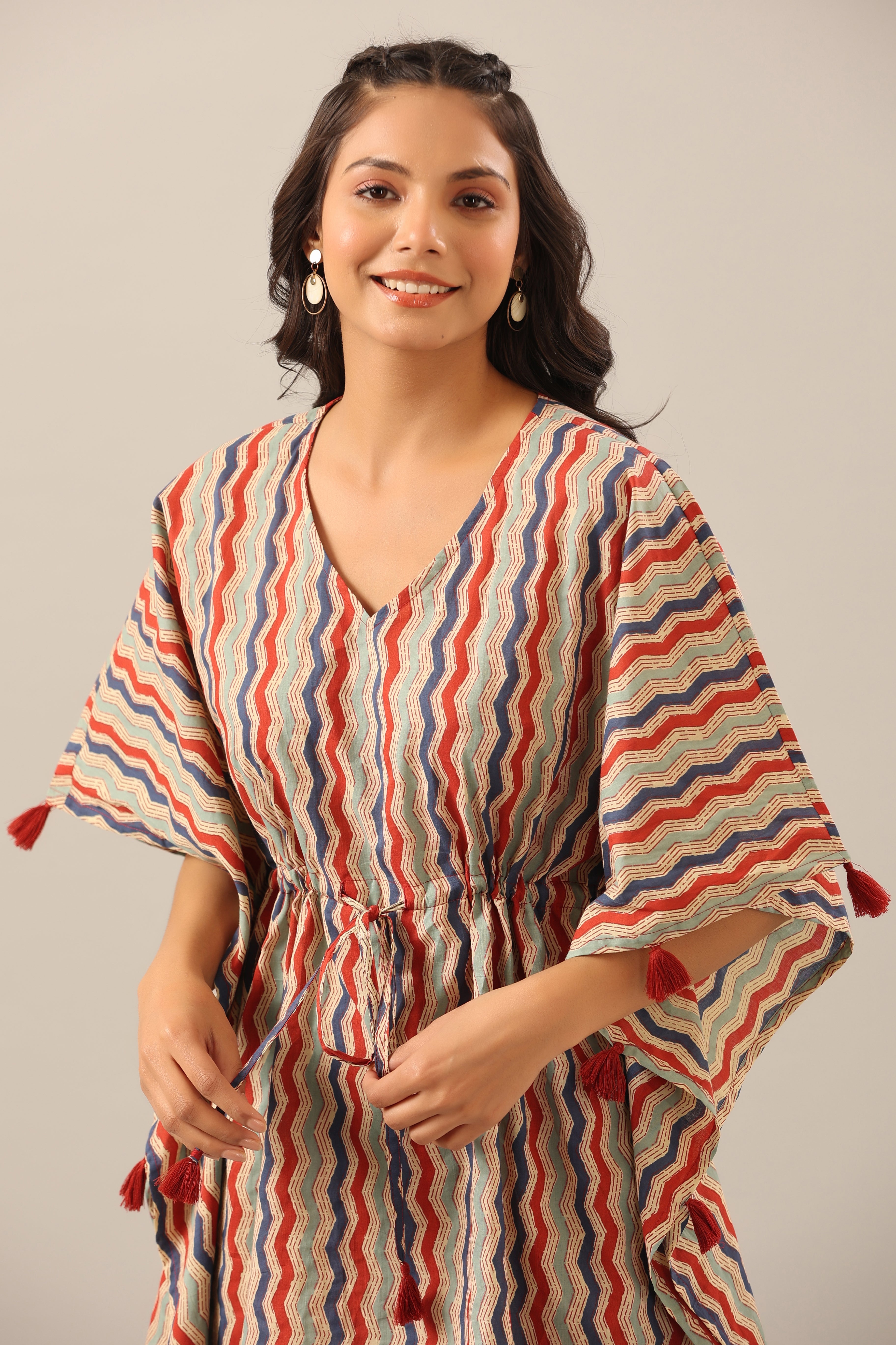 Zigzag on beige cotton Kaftan Pajama Set