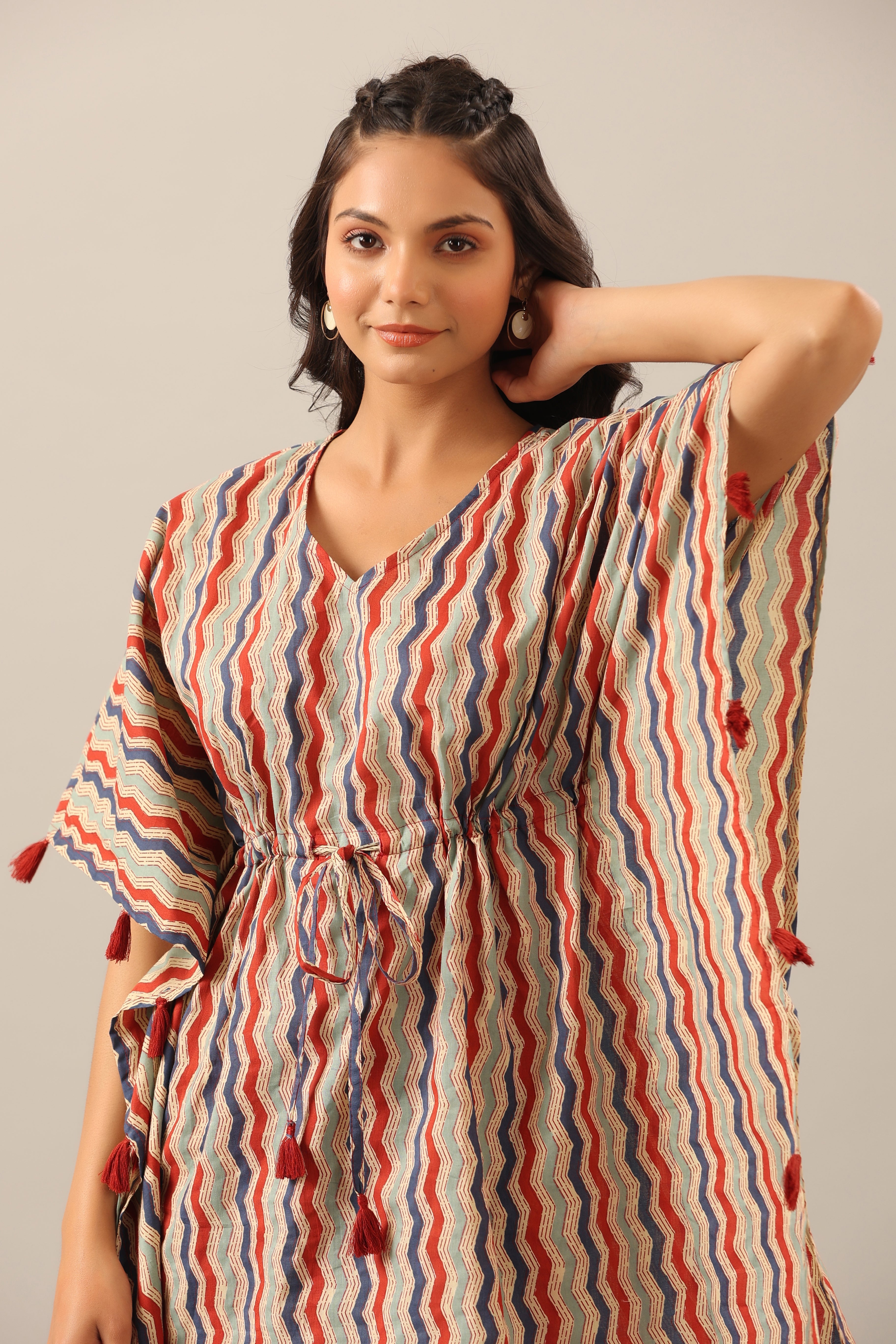 Zigzag on beige cotton Kaftan Pajama Set