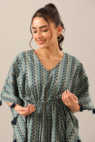Zigzag on Green cotton Kaftan Pajama Set