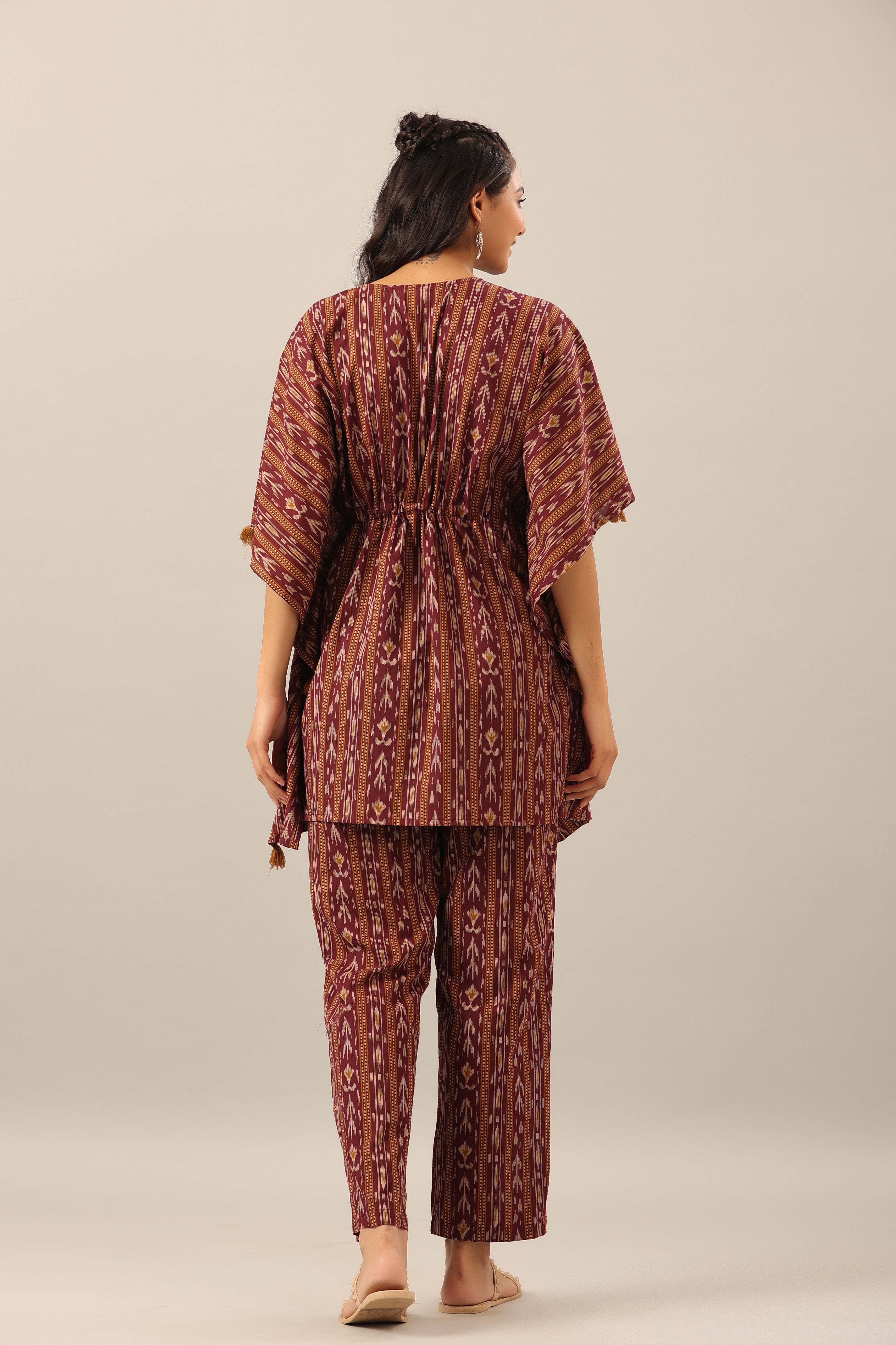 Ikat Stripes on brown cotton Kaftan Pajama Set