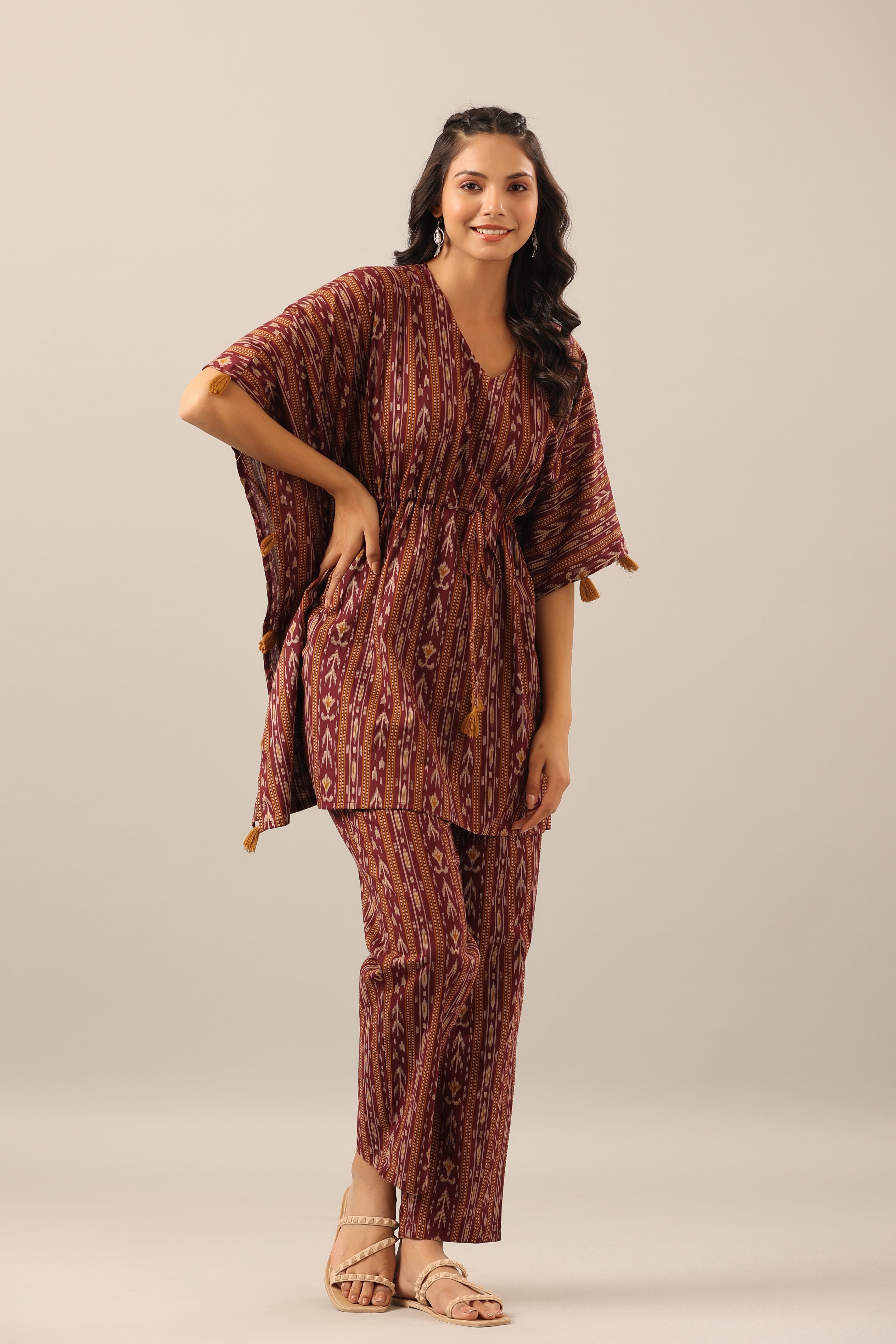 Ikat Stripes on brown cotton Kaftan Pajama Set