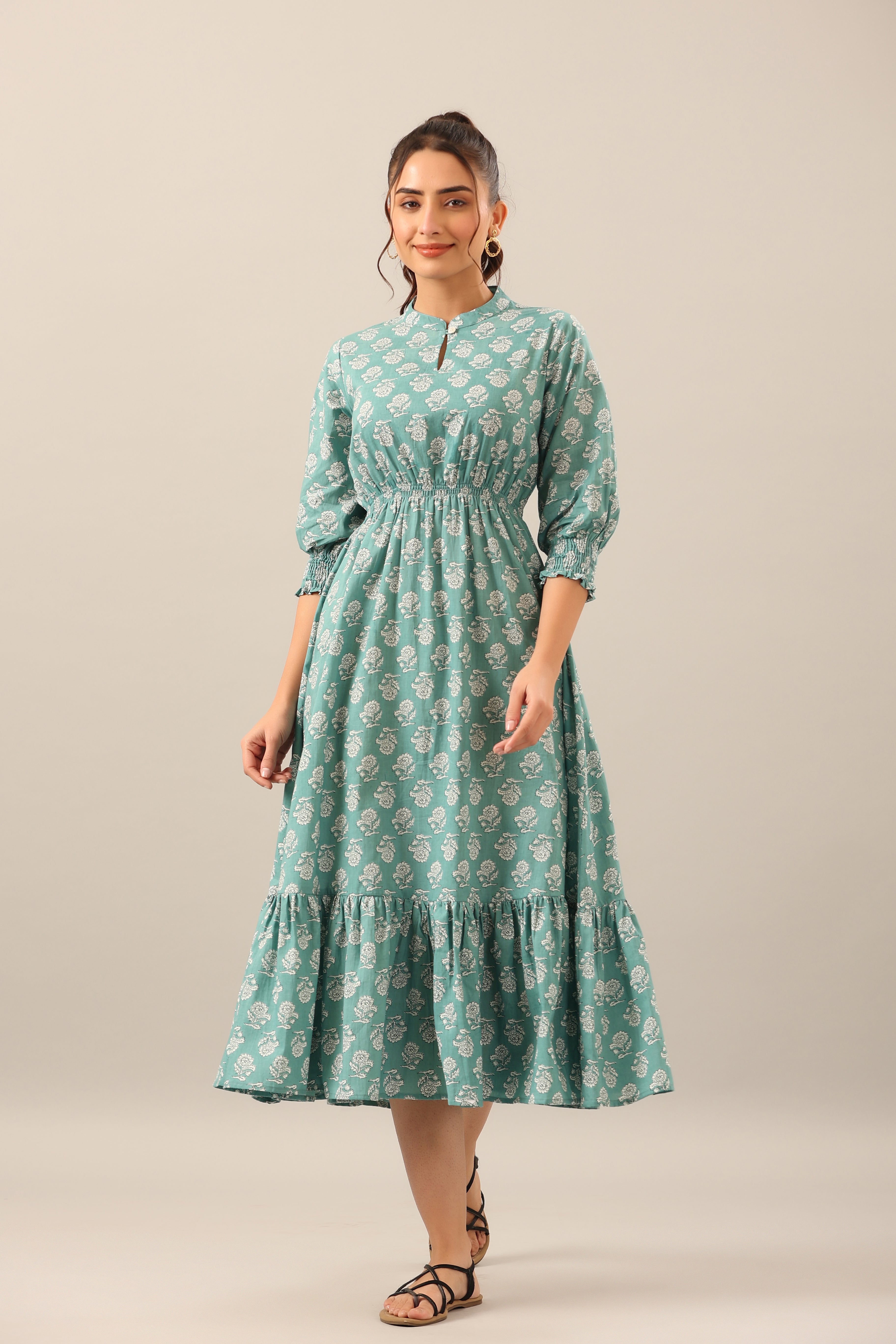 Roses on Turquoise Cotton Midi Dress