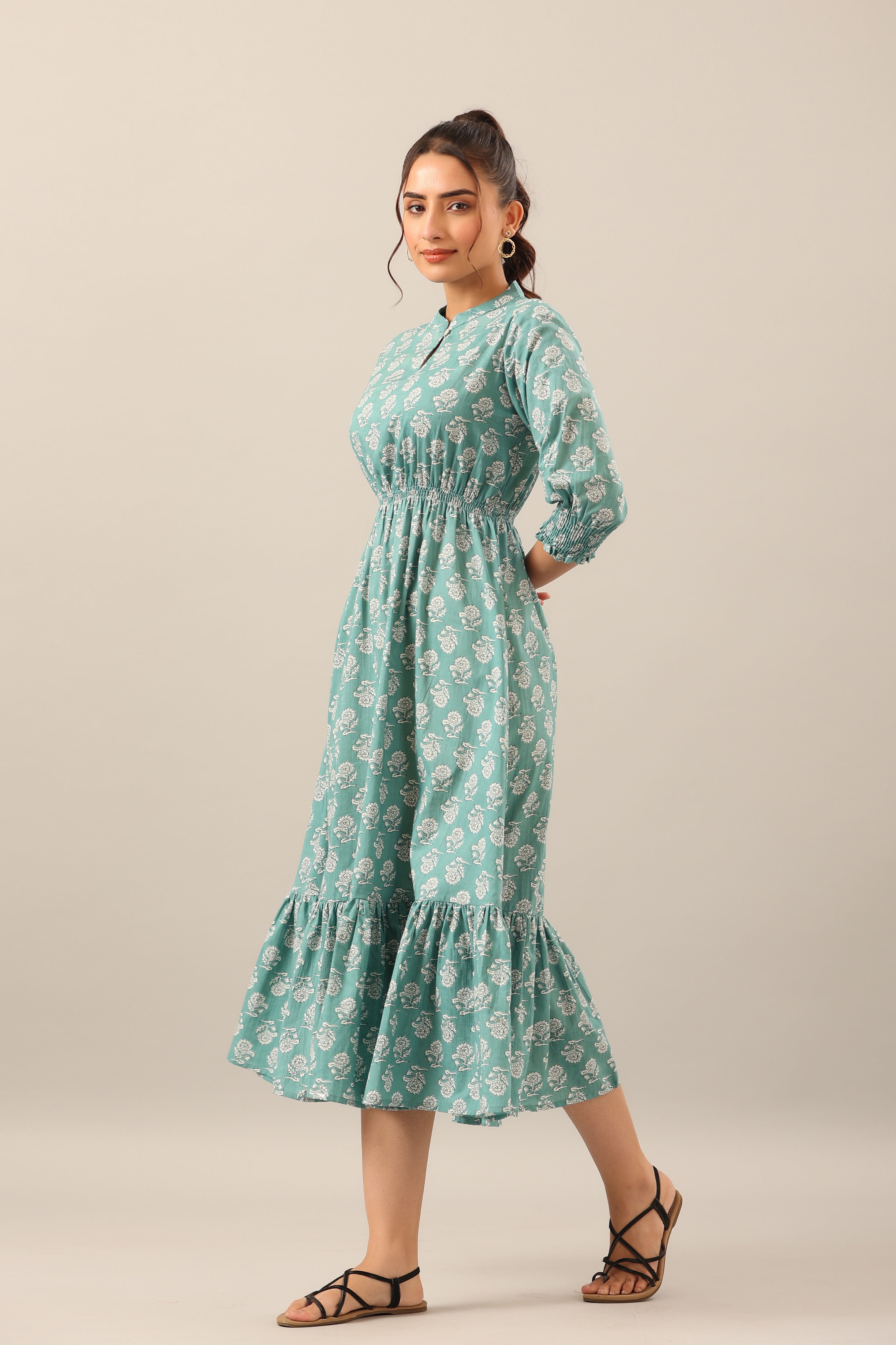 Roses on Turquoise Cotton Midi Dress