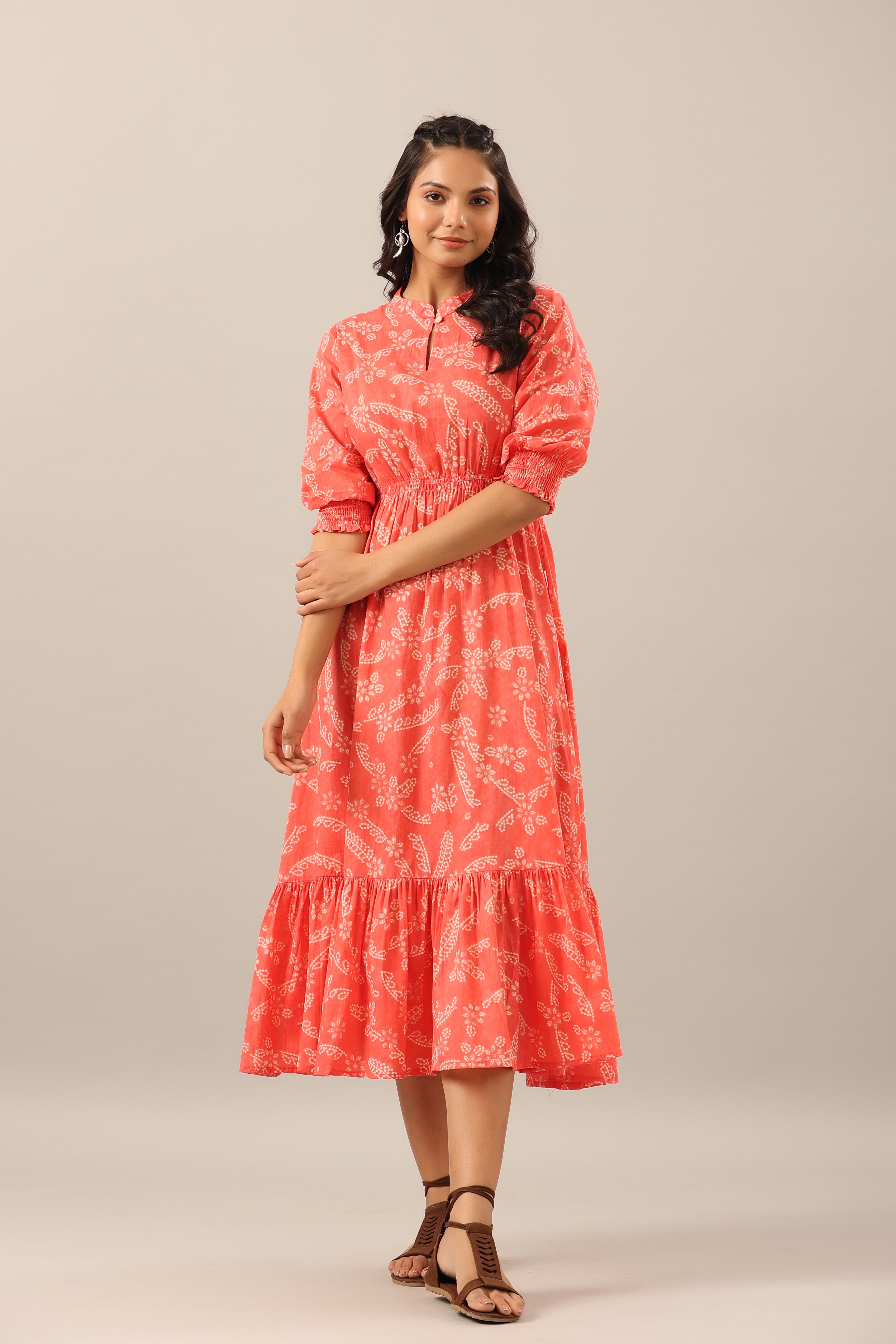 Floral Shibori on Cotton Pink Midi dress