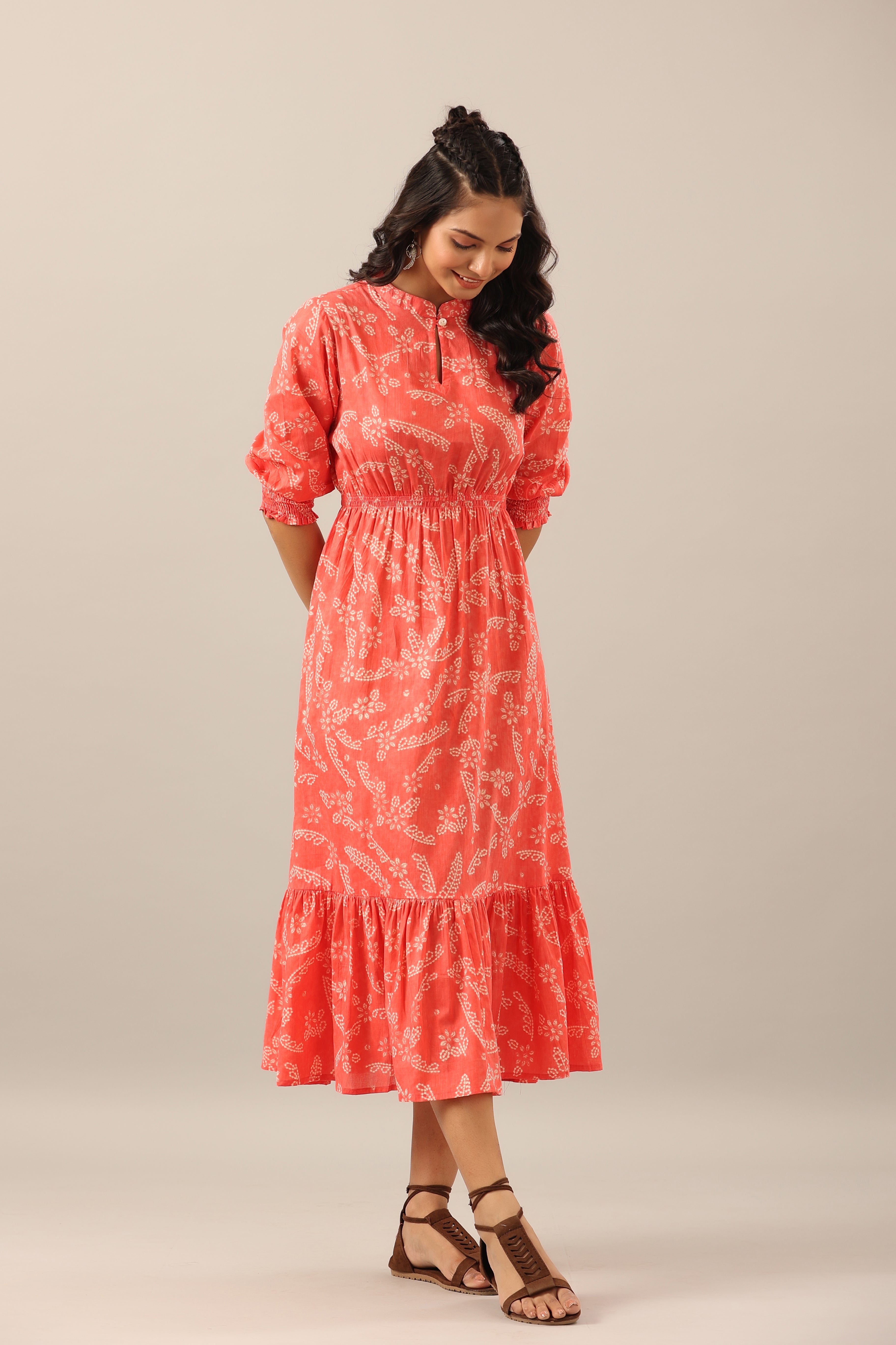 Floral Shibori on Cotton Pink Midi dress