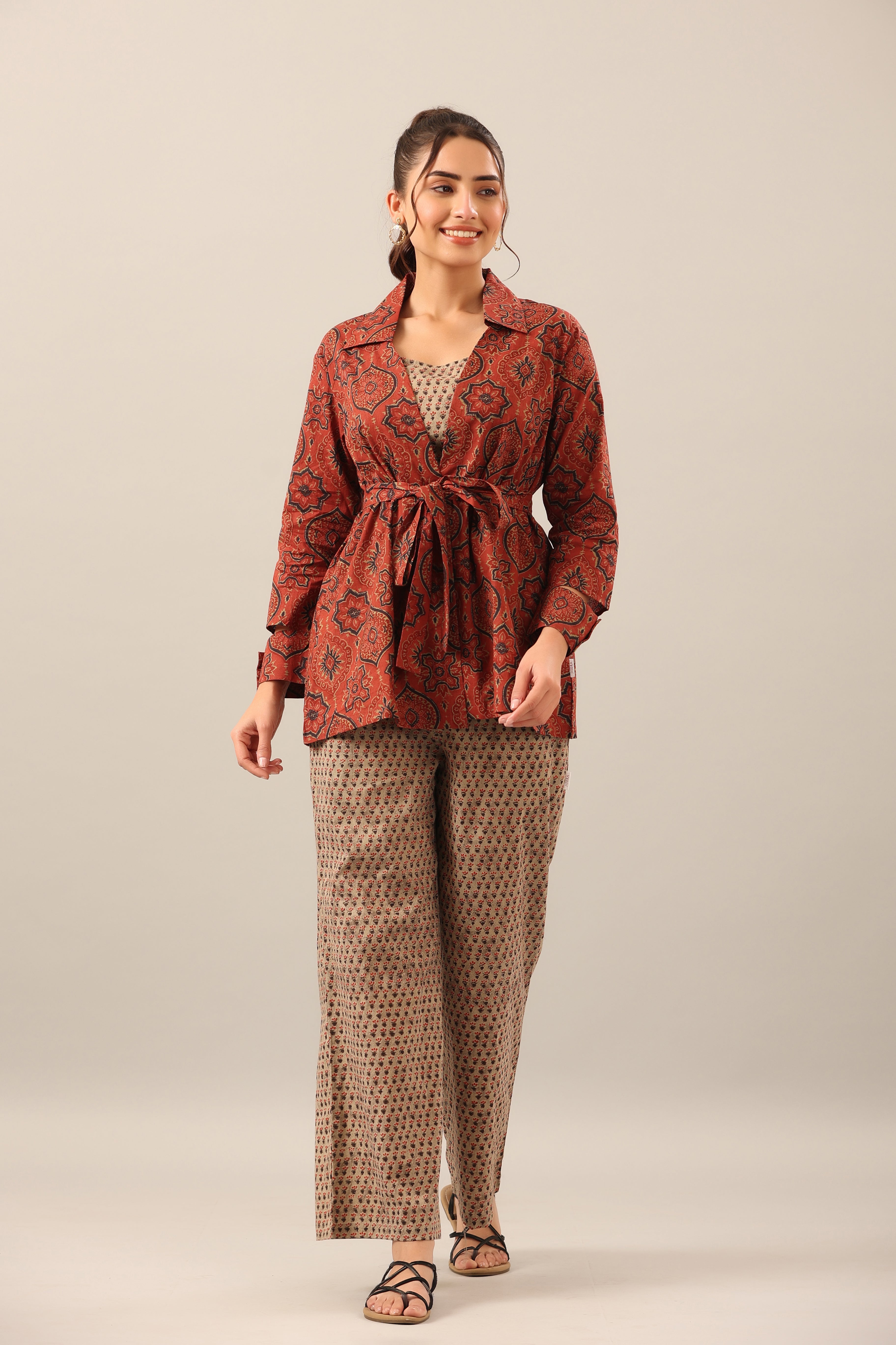 Maroon and Green Ajrakh Print Three piece Shrug Set