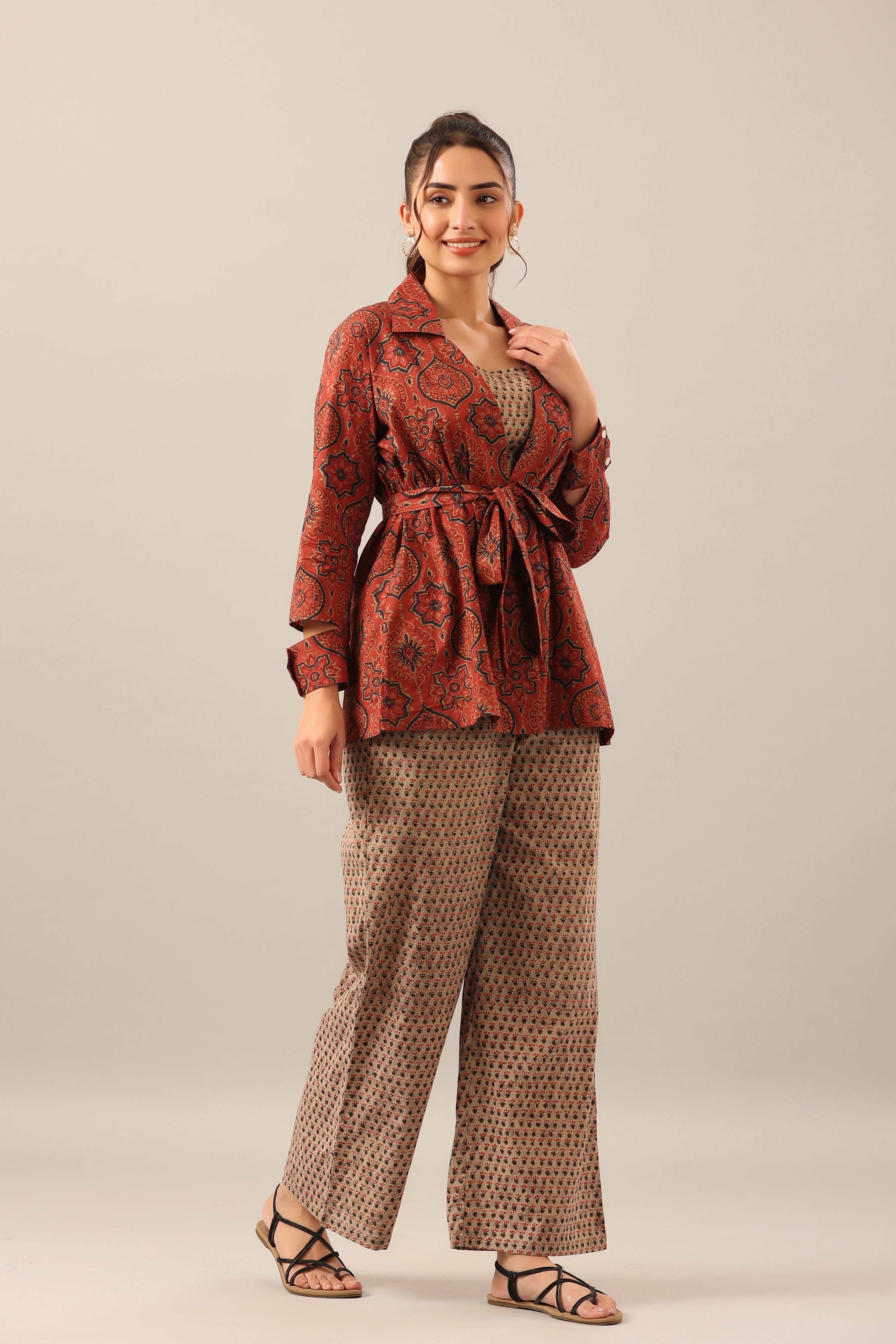 Maroon and Green Ajrakh Print Three piece Shrug Set