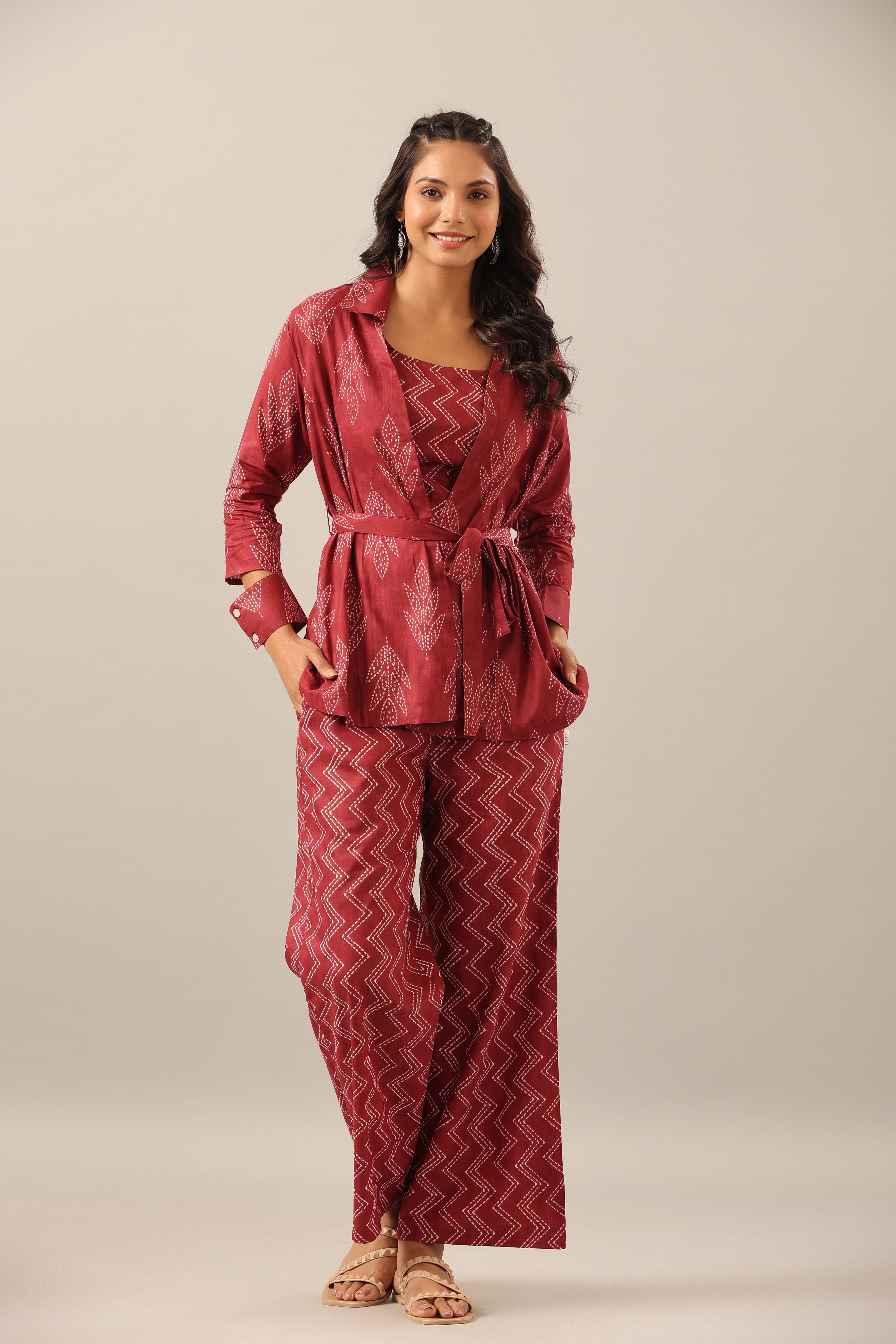 Maroon Sea Shibori on Cotton Three piece Shrug Set