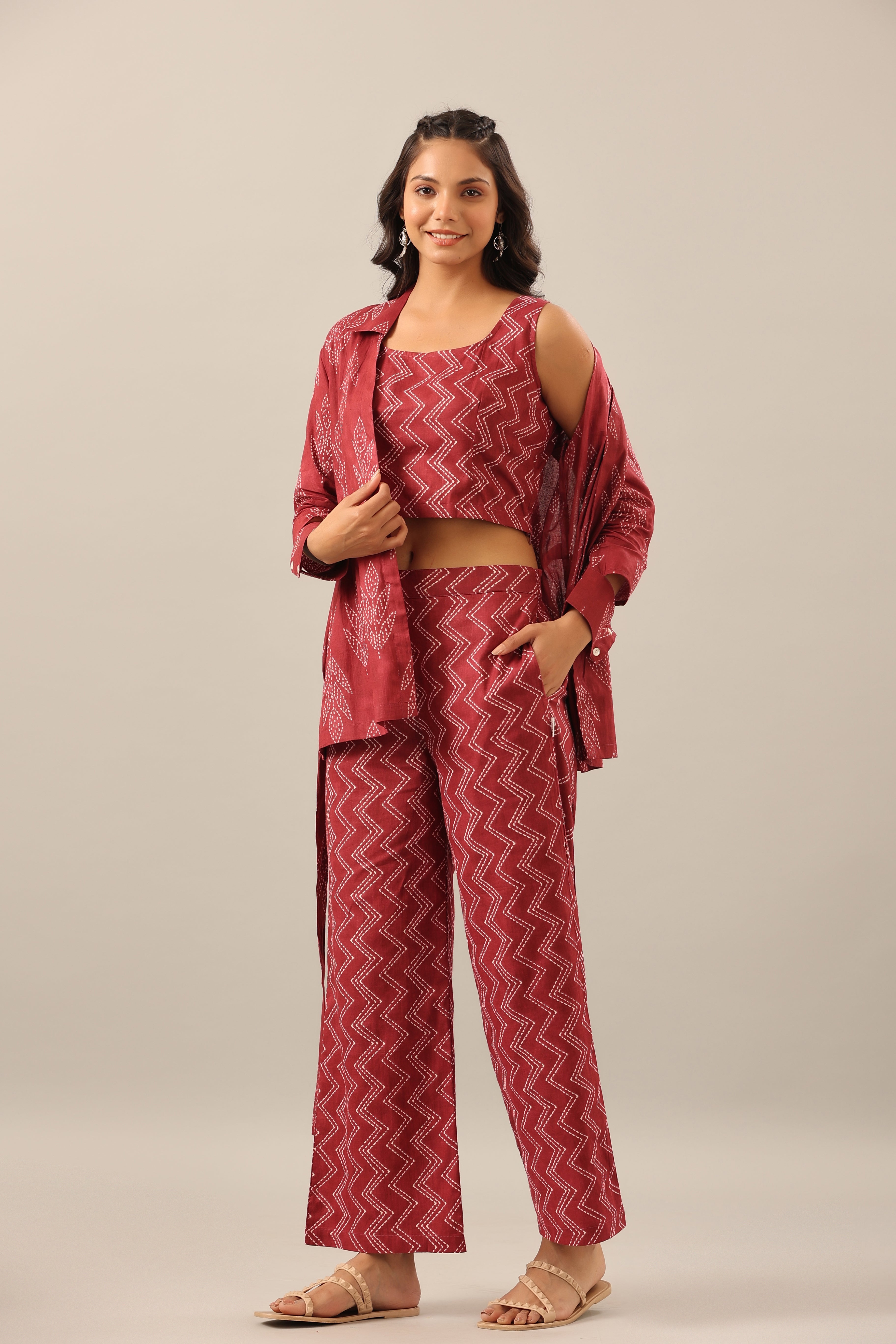 Maroon Sea Shibori on Cotton Three piece Shrug Set