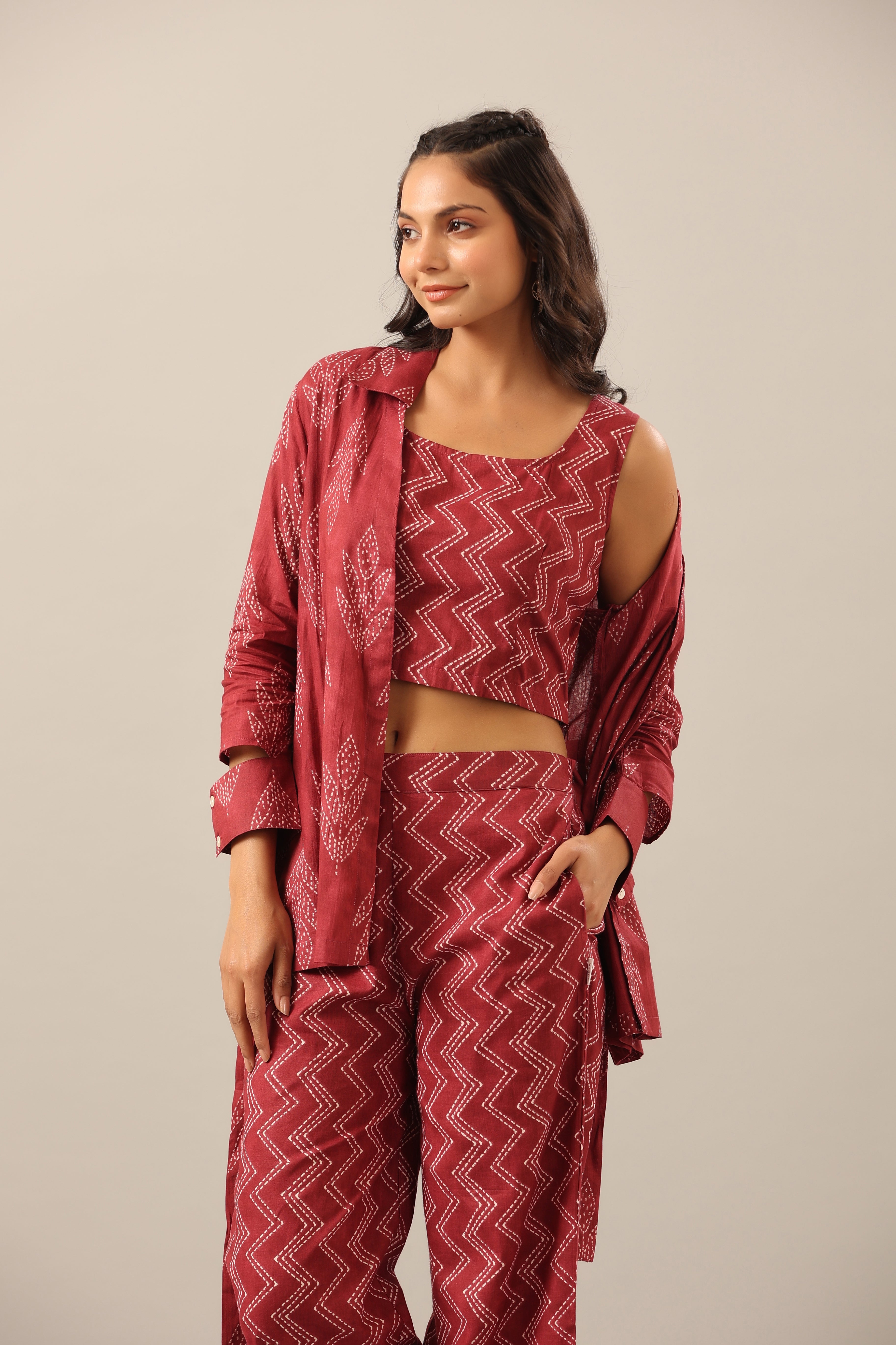 Maroon Sea Shibori on Cotton Three piece Shrug Set