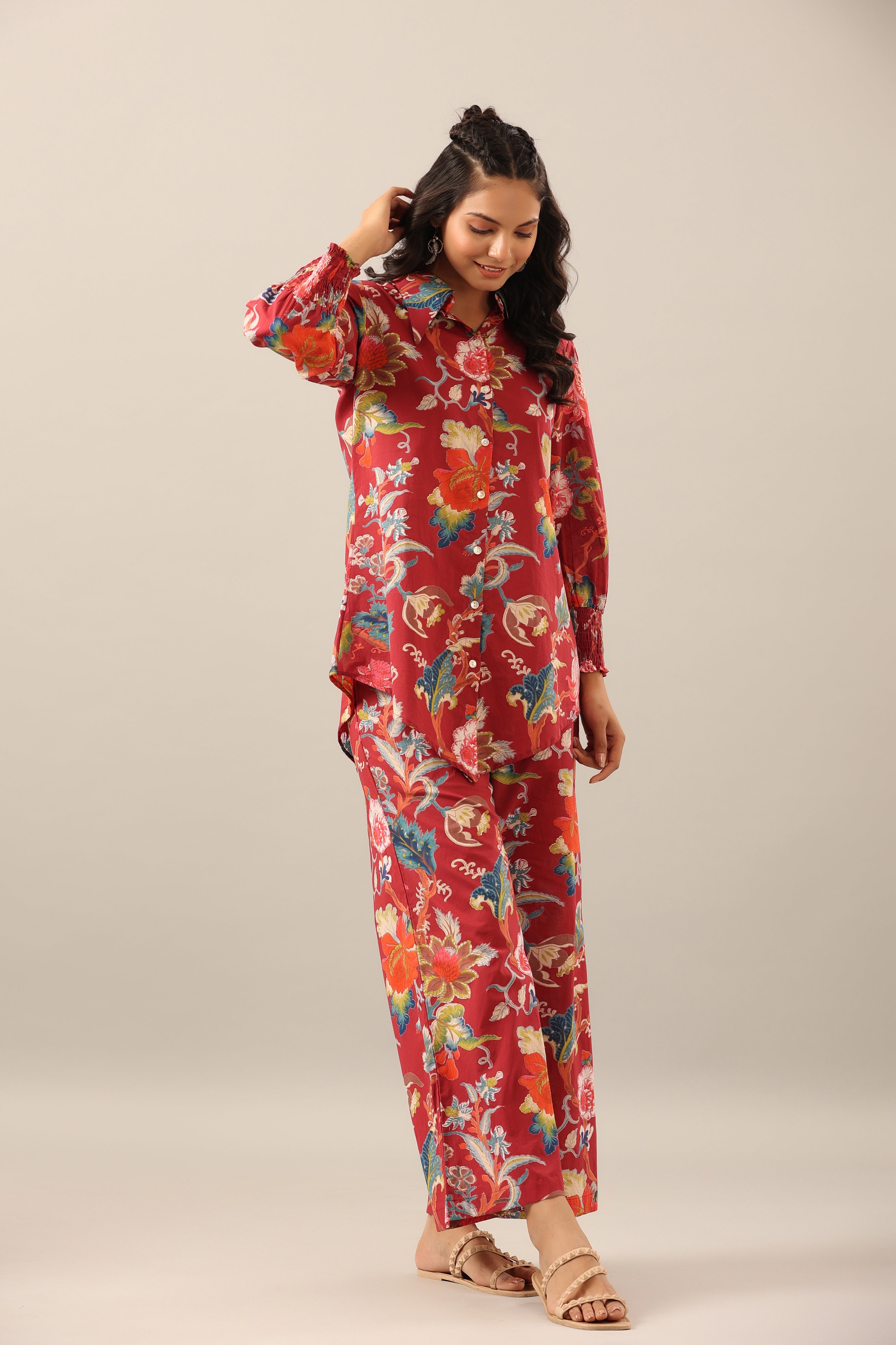 Floral Jaal on Maroon Collared Smoked Sleeves Co-ord Set