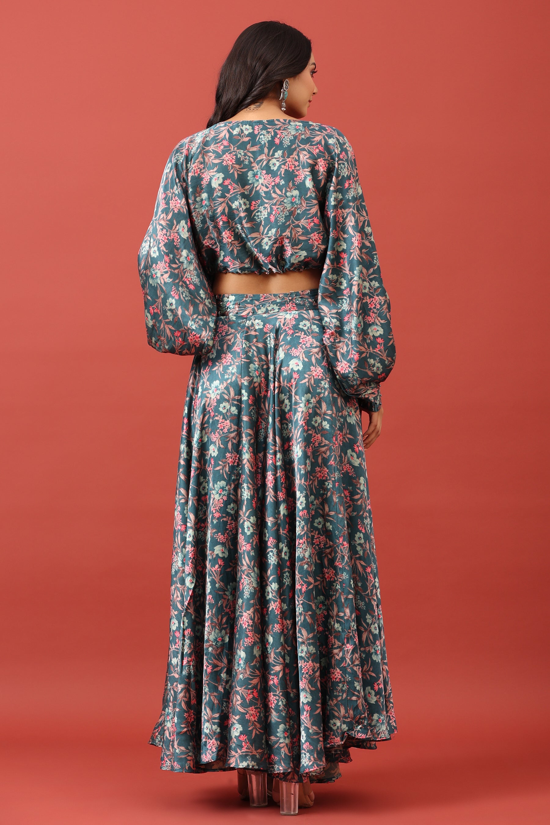 Floral Canopy On Blue Pure Satin Co-ord Set