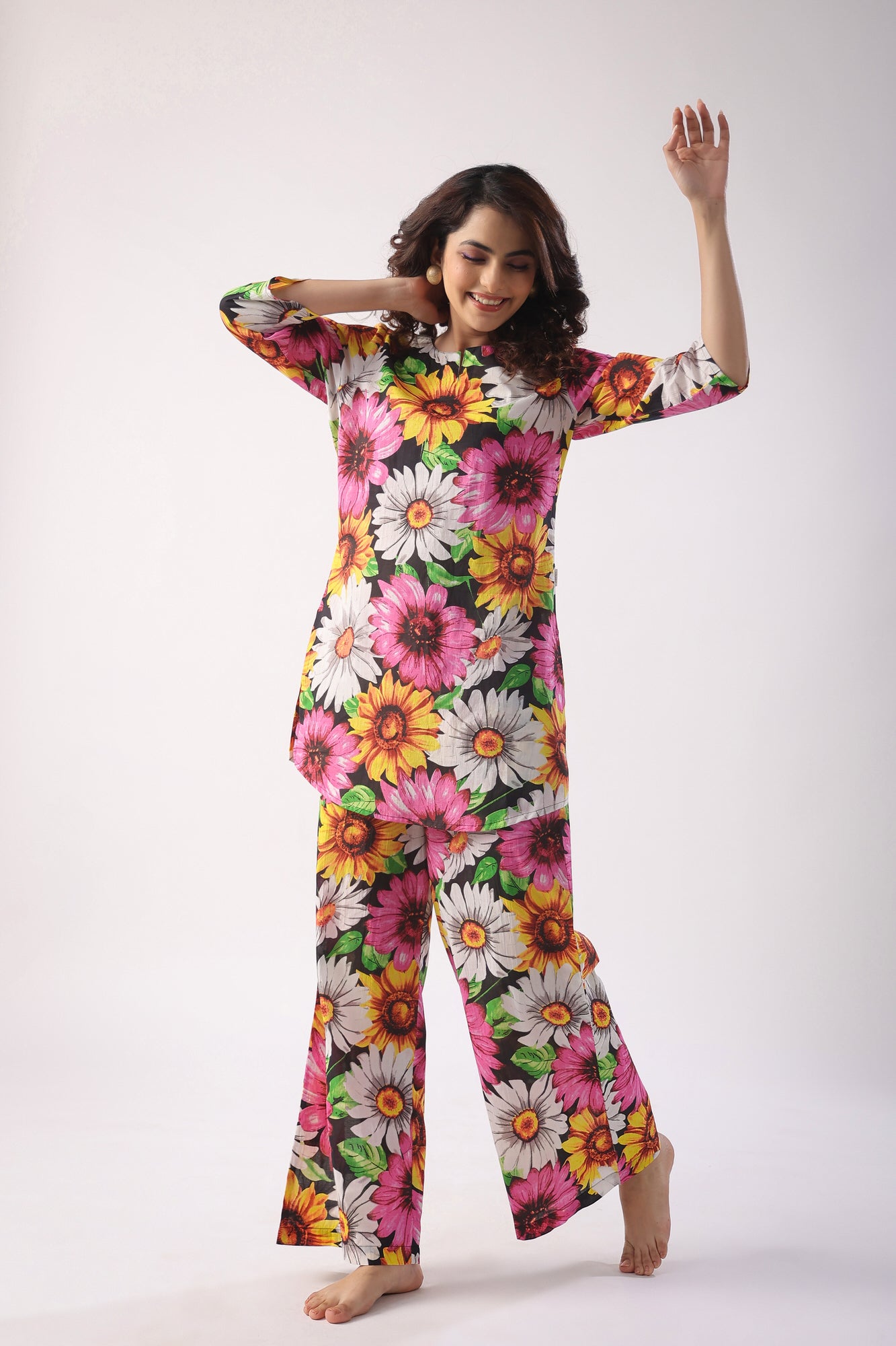 Sun Flower Print On Black Palazzo Loungewear Set