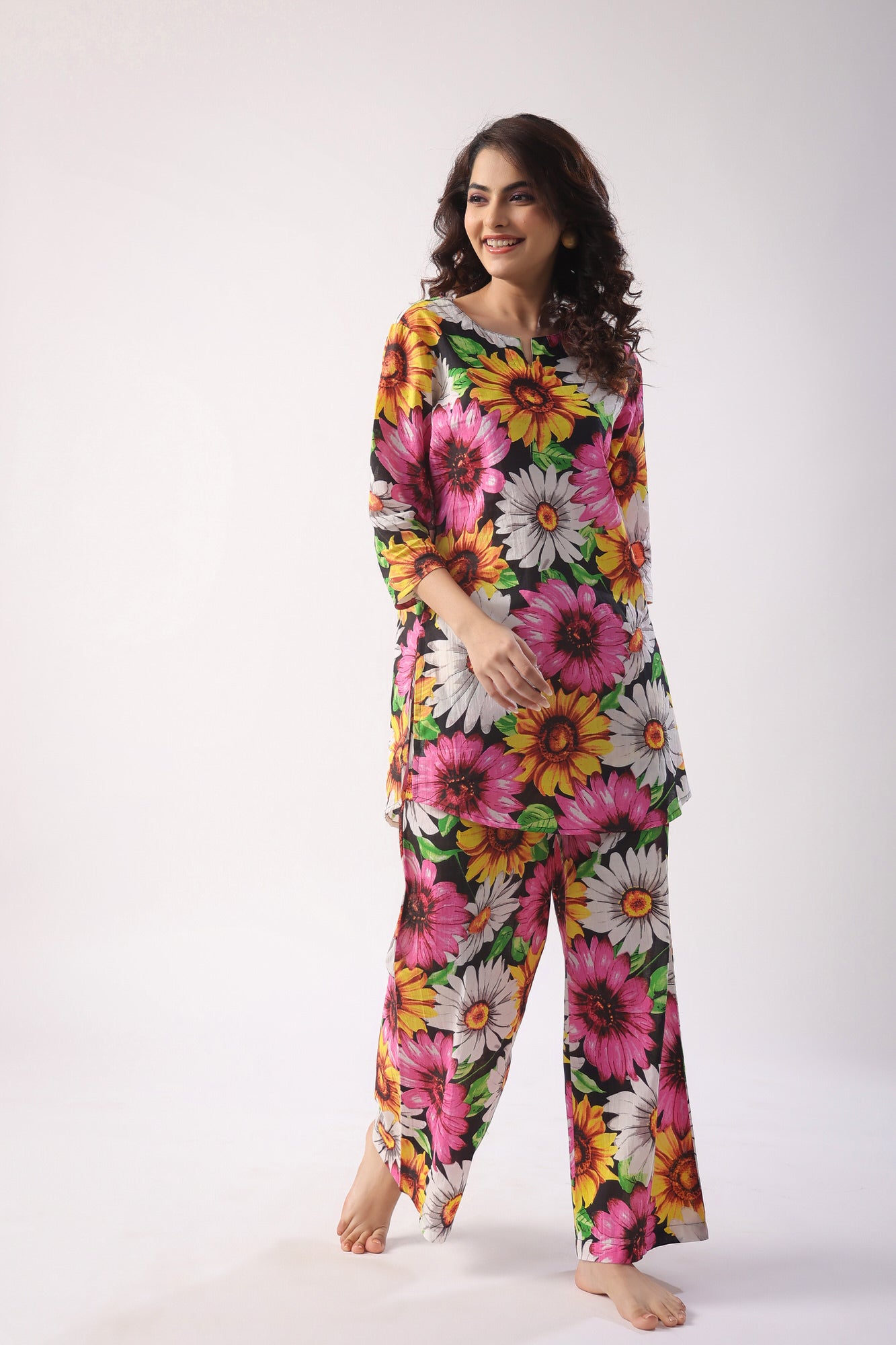 Sun Flower Print On Black Palazzo Loungewear Set