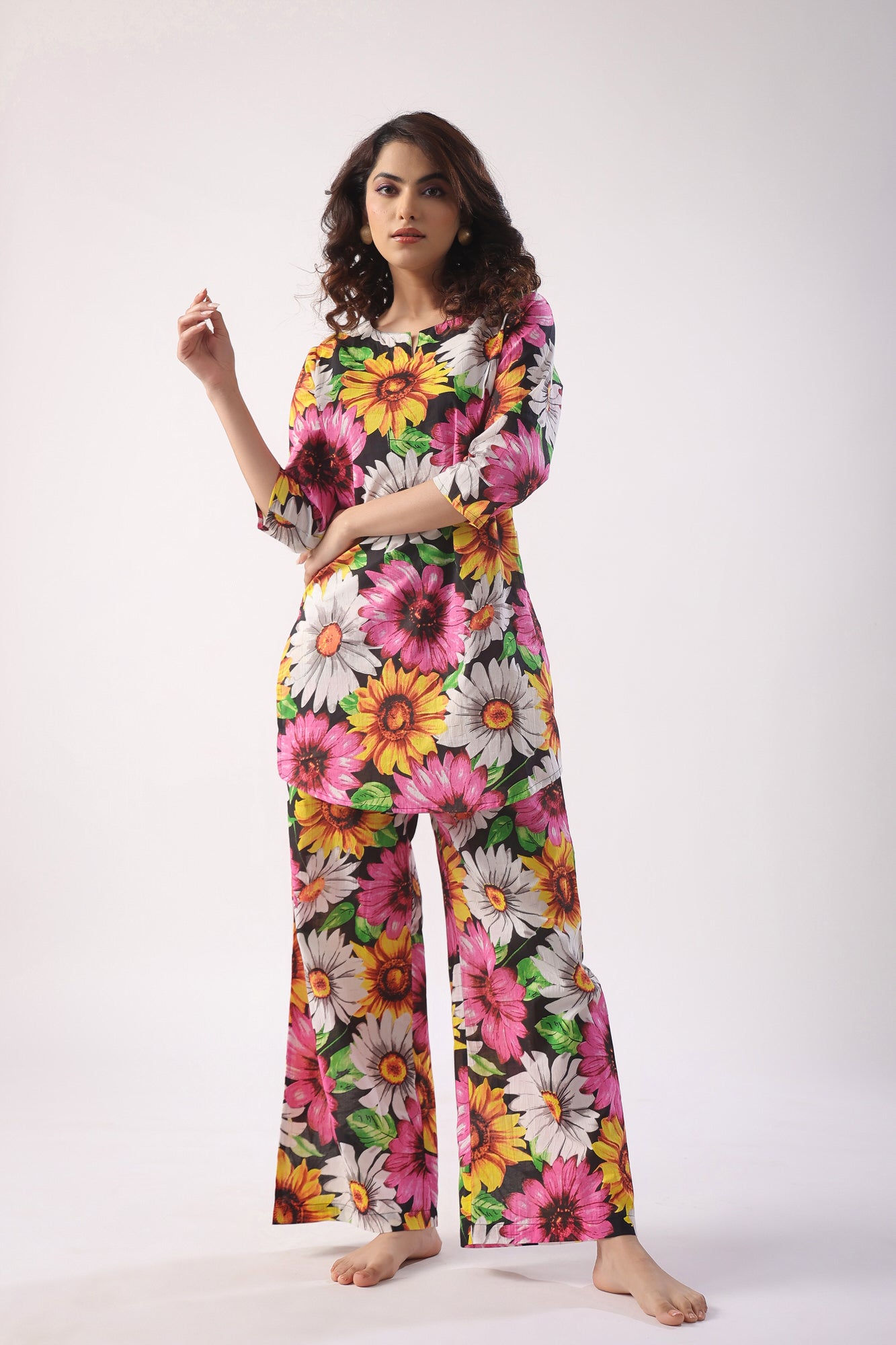 Sun Flower Print On Black Palazzo Loungewear Set