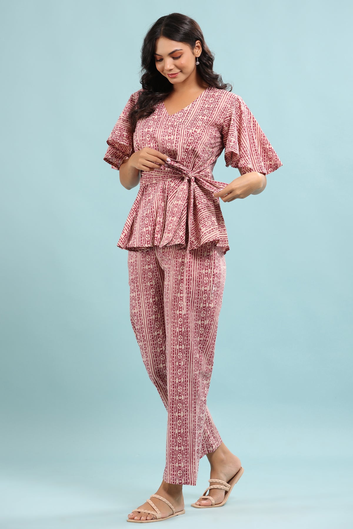 Patterned Print On Pink Loungewear Top Set