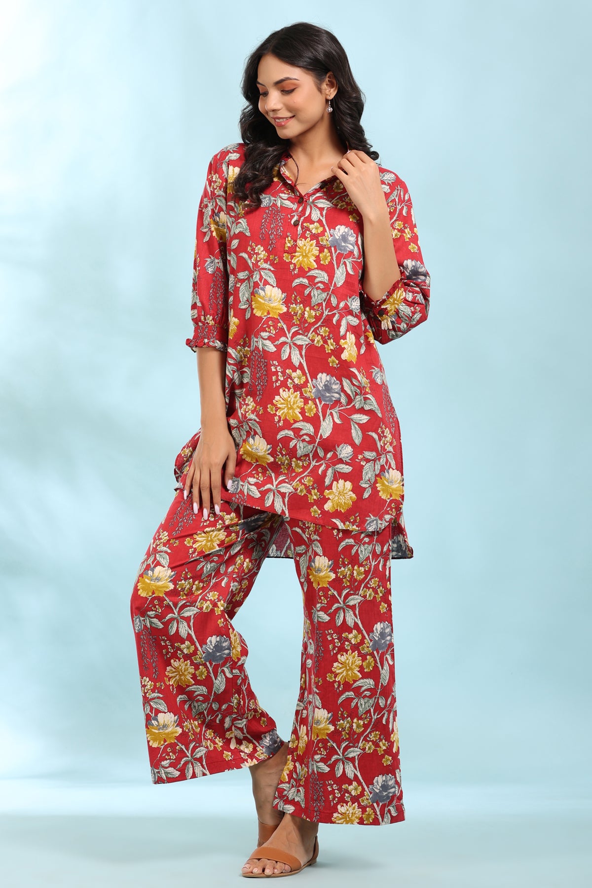 Floral Print Red Collared Cotton Palazzo Loungewear Set