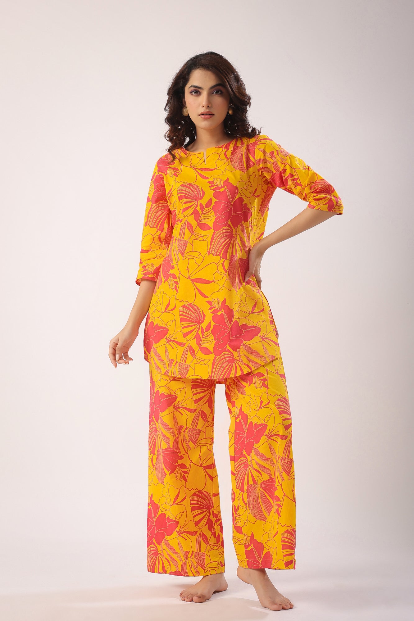 Abstract Art On Mustard Palazzo Loungewear Set