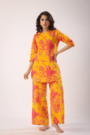 Abstract Art On Mustard Cotton Palazzo Loungewear Set