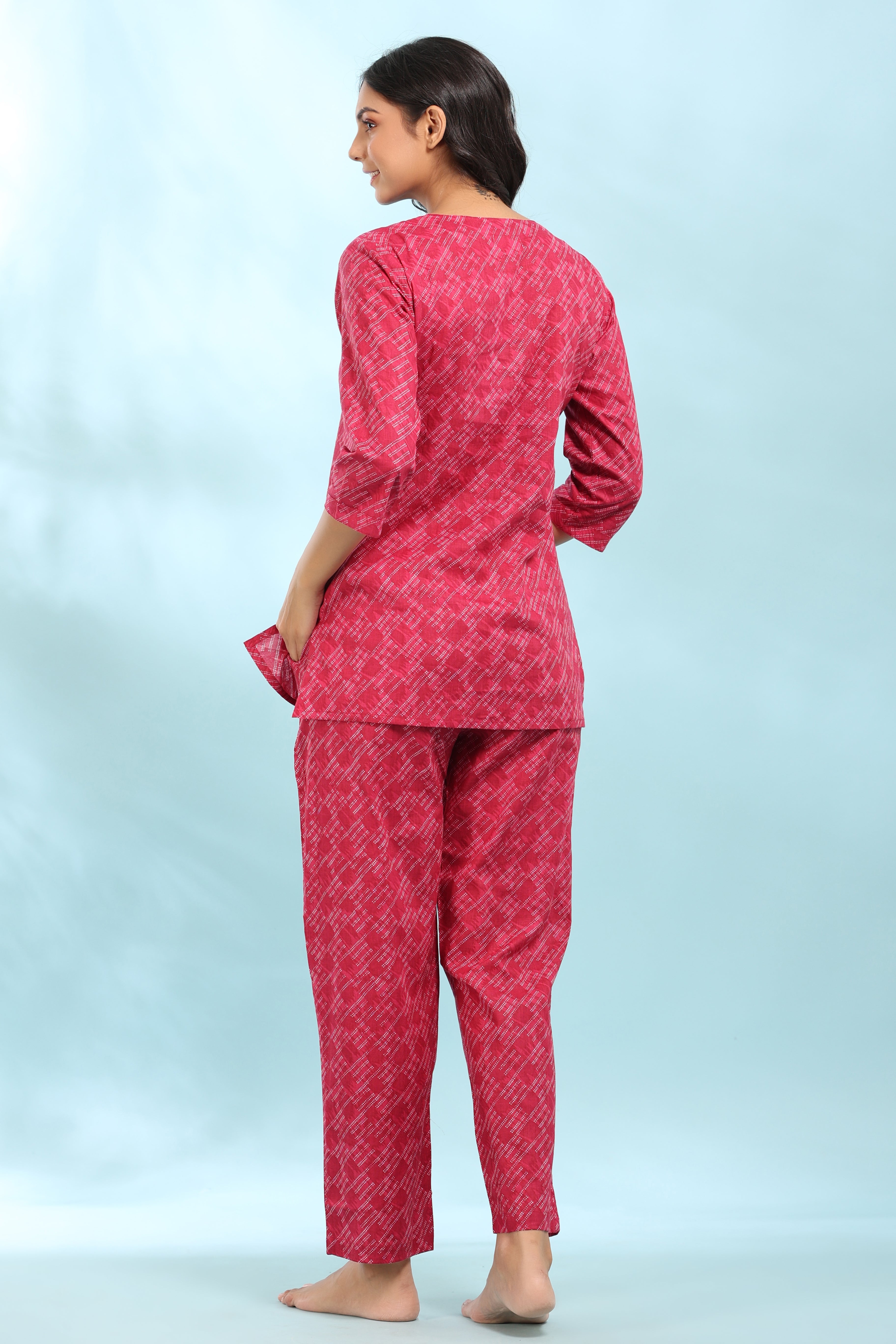 Geometrical Shibori Boxes On Pink Loungewear Top Set