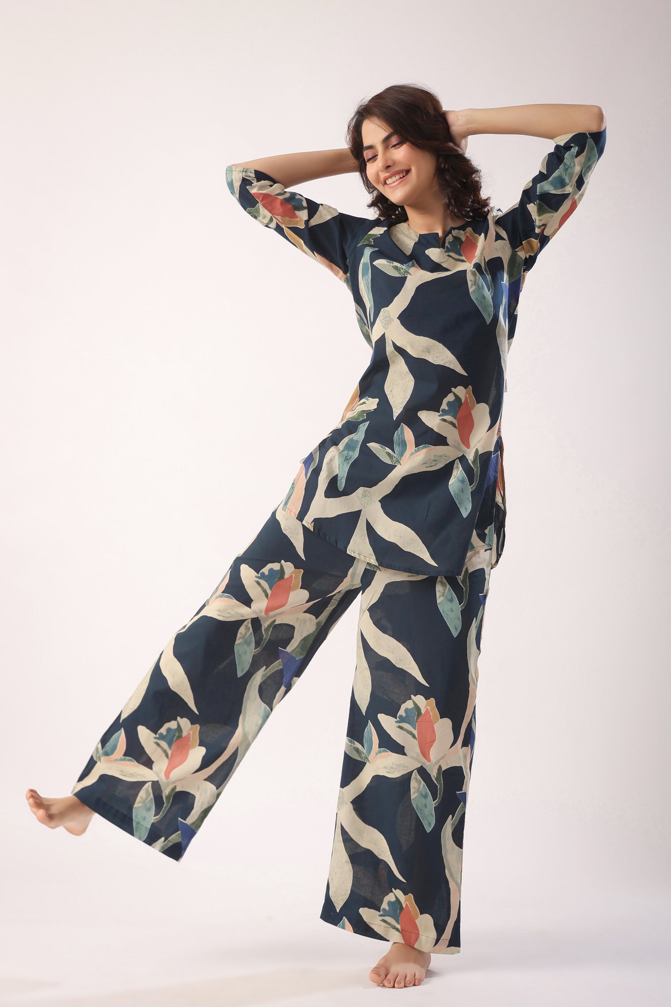 Abstract Strokes On Indigo Blue Palazzo Loungewear Set