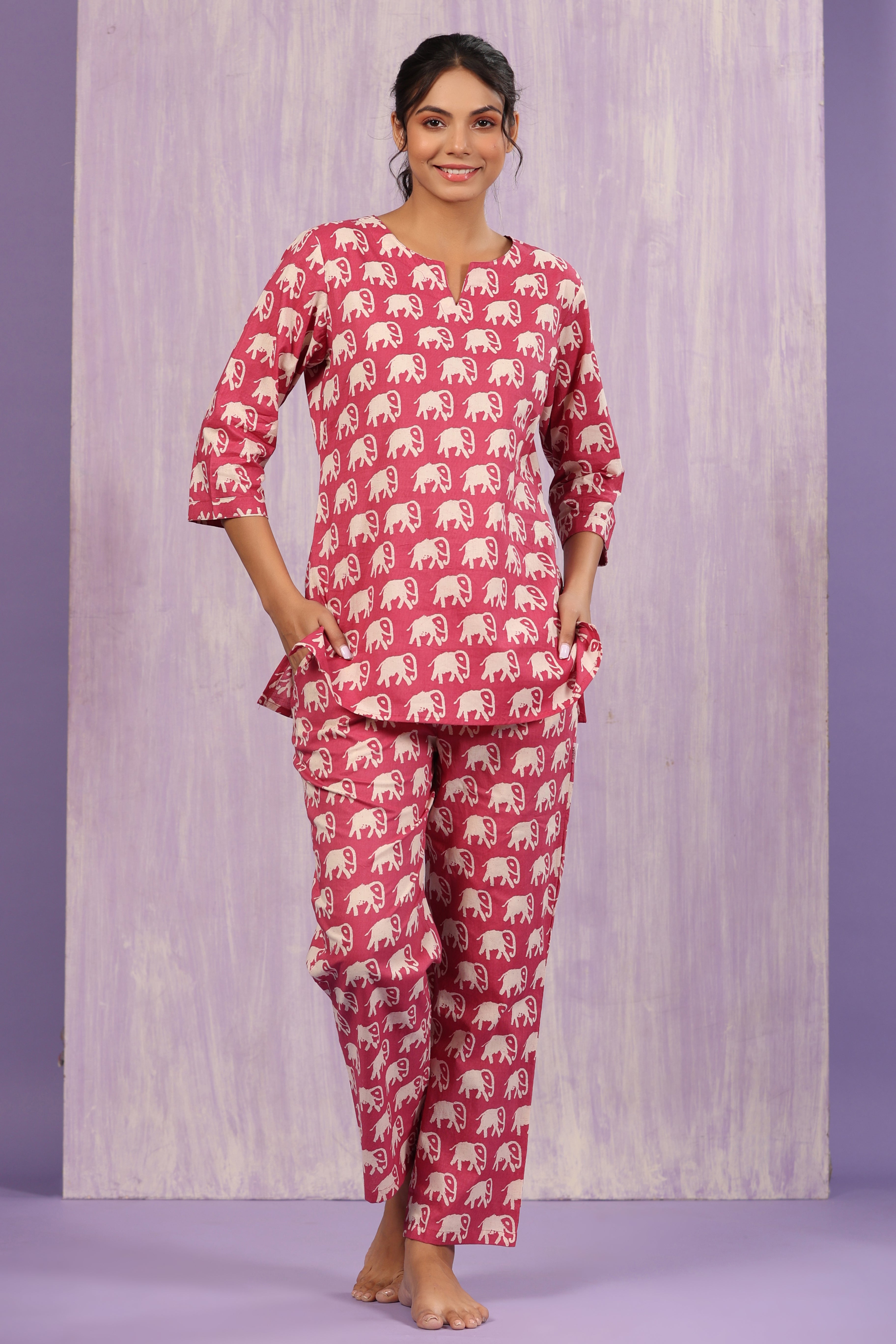 Pretty Elephants On Pink Loungewear Top Set