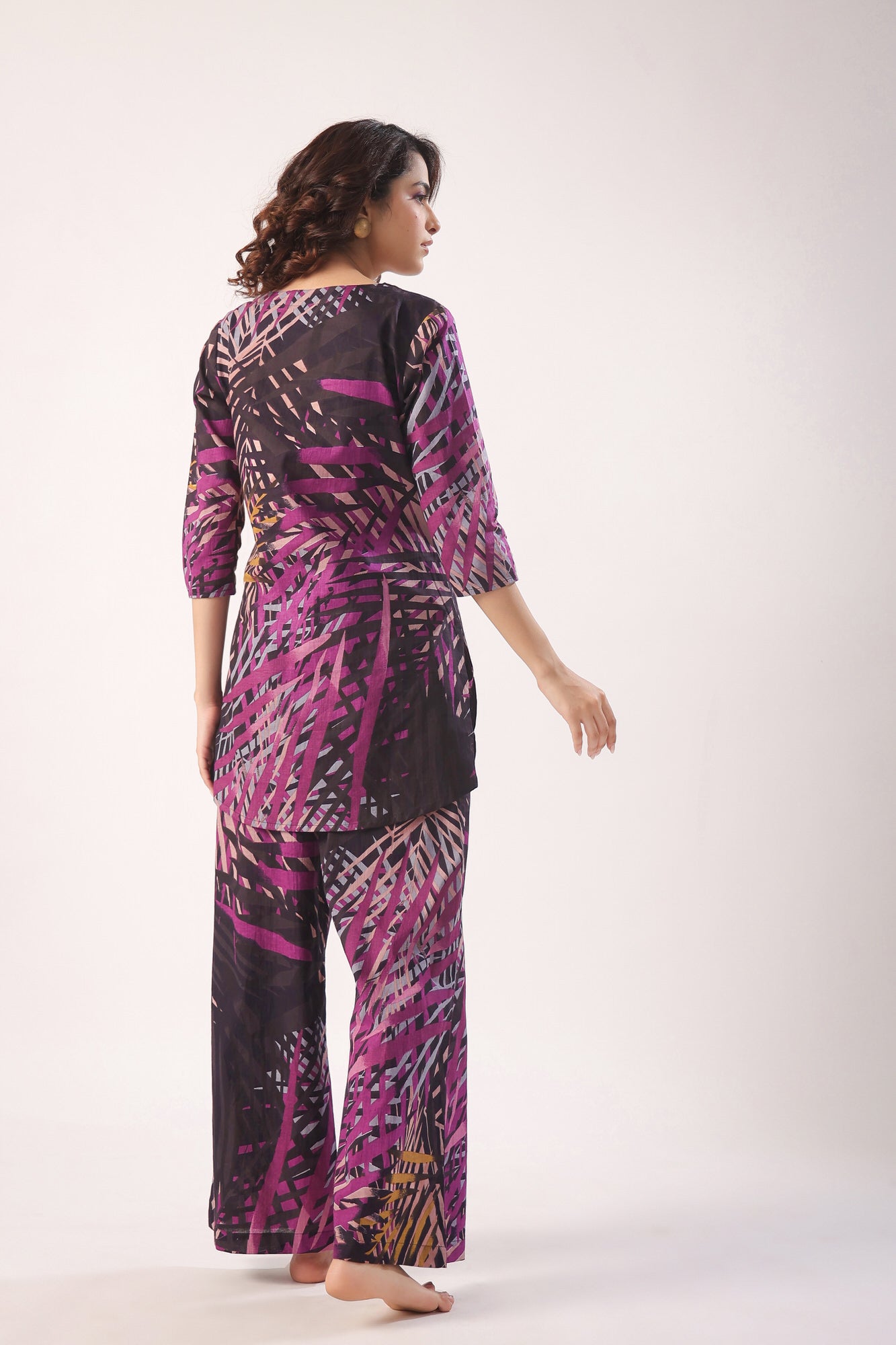 Palm Leaves on Black Cotton Palazzo Loungewear Set