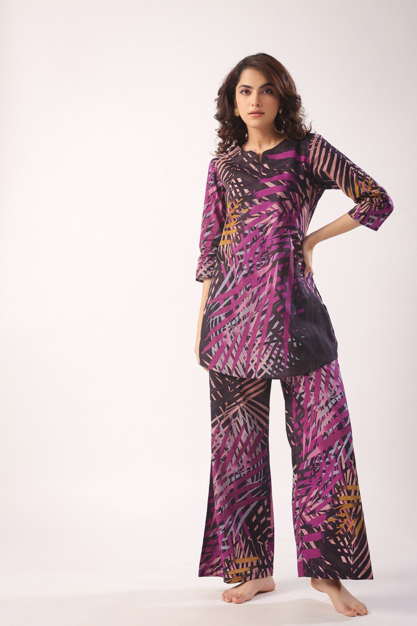 Palm Leaves on Black Cotton Palazzo Loungewear Set