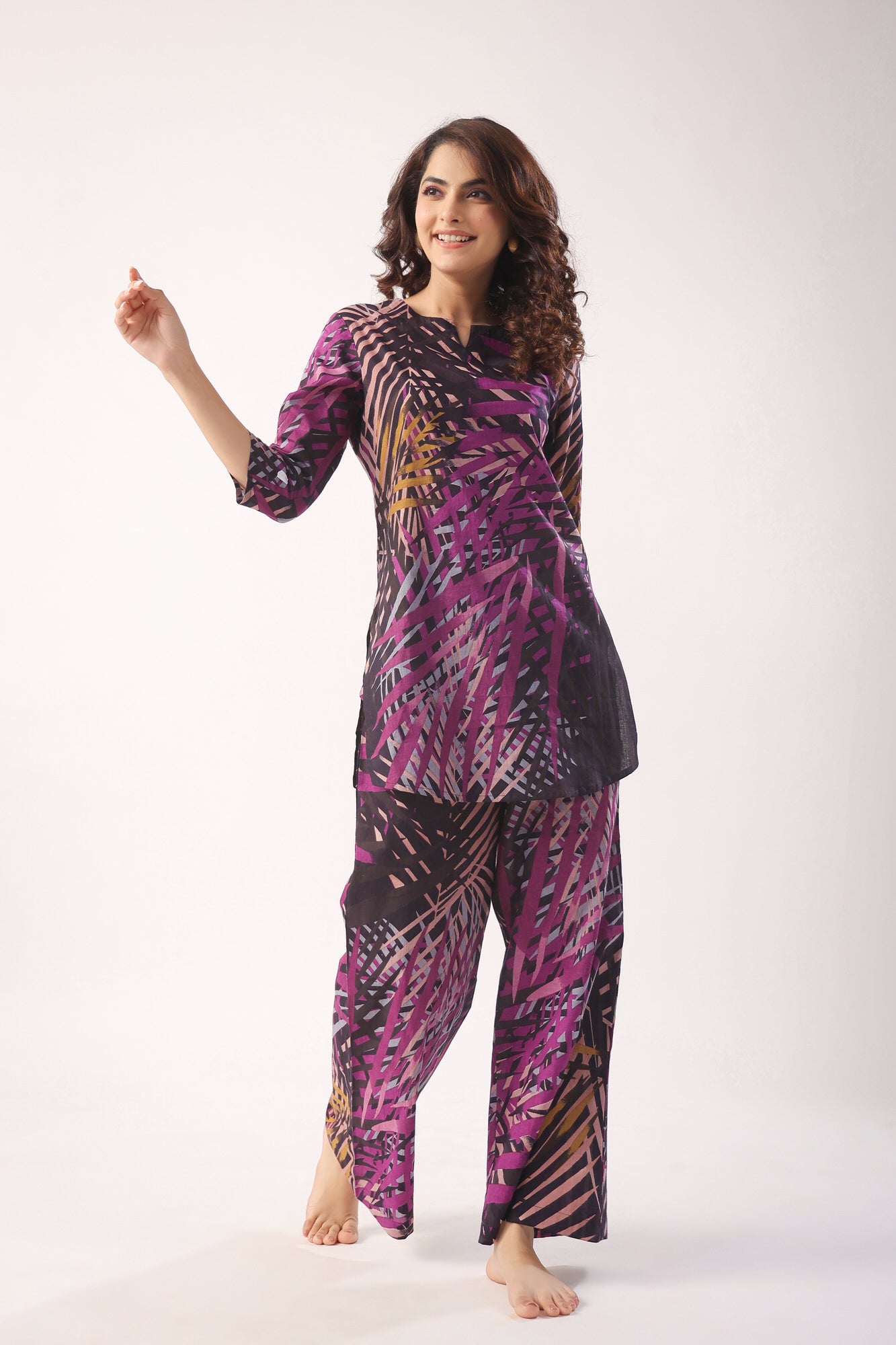 Palm Leaves on Black Cotton Palazzo Loungewear Set