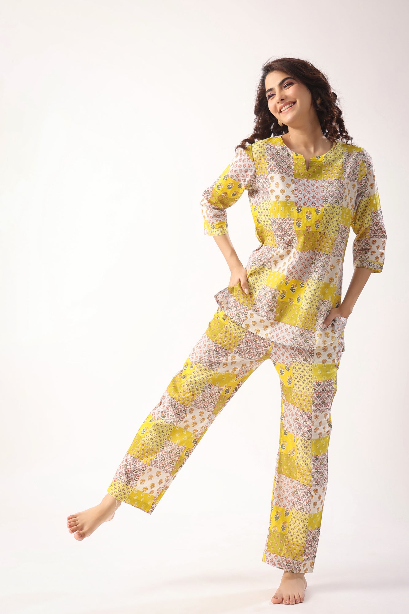 Patch Print on Mustard Loungewear Top Set