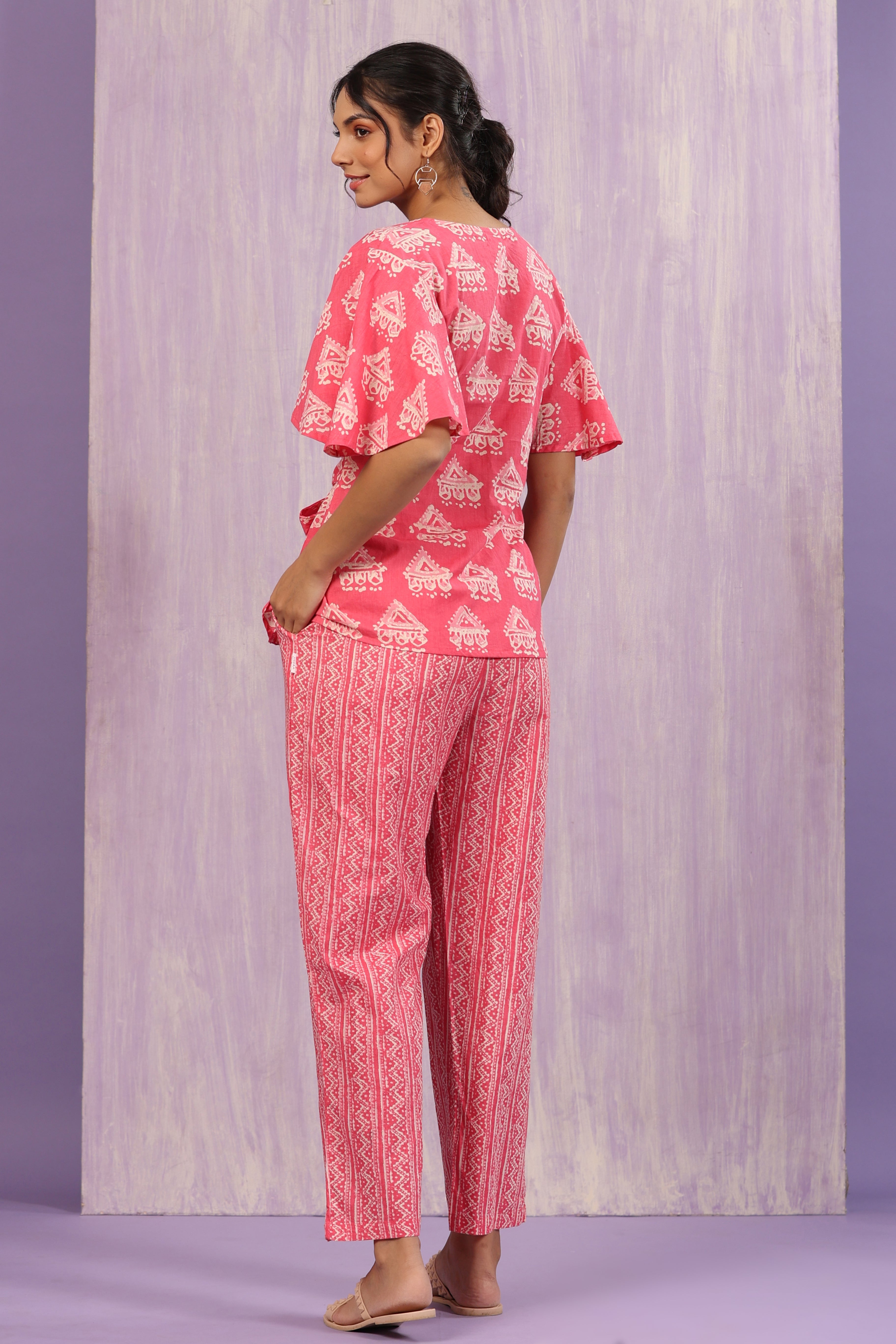 Bagru Batik Print on Pink Loungewear Top Set