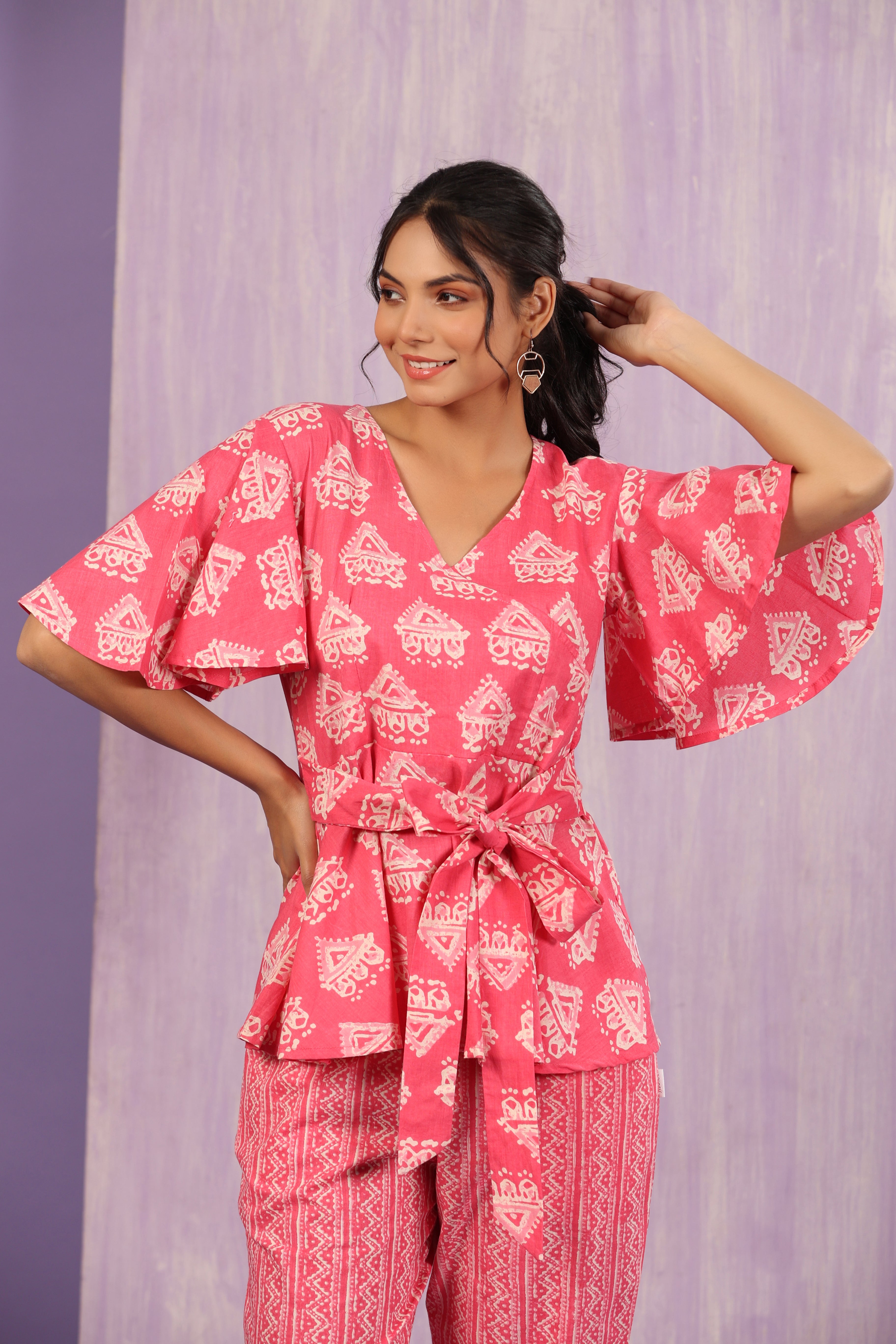 Bagru Batik Print on Pink Loungewear Top Set