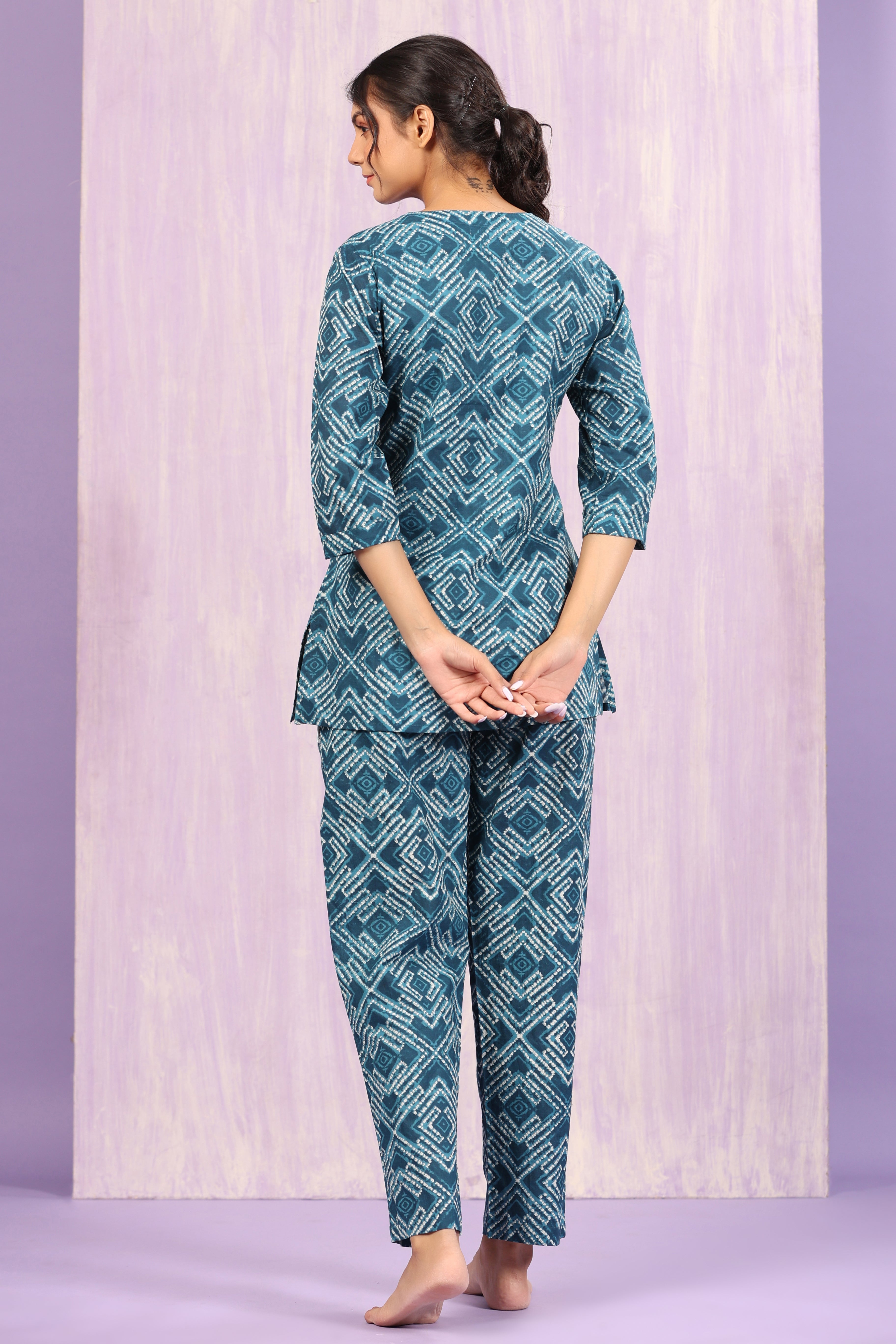 Geometrical Shibori on Indigo Loungewear Top Set