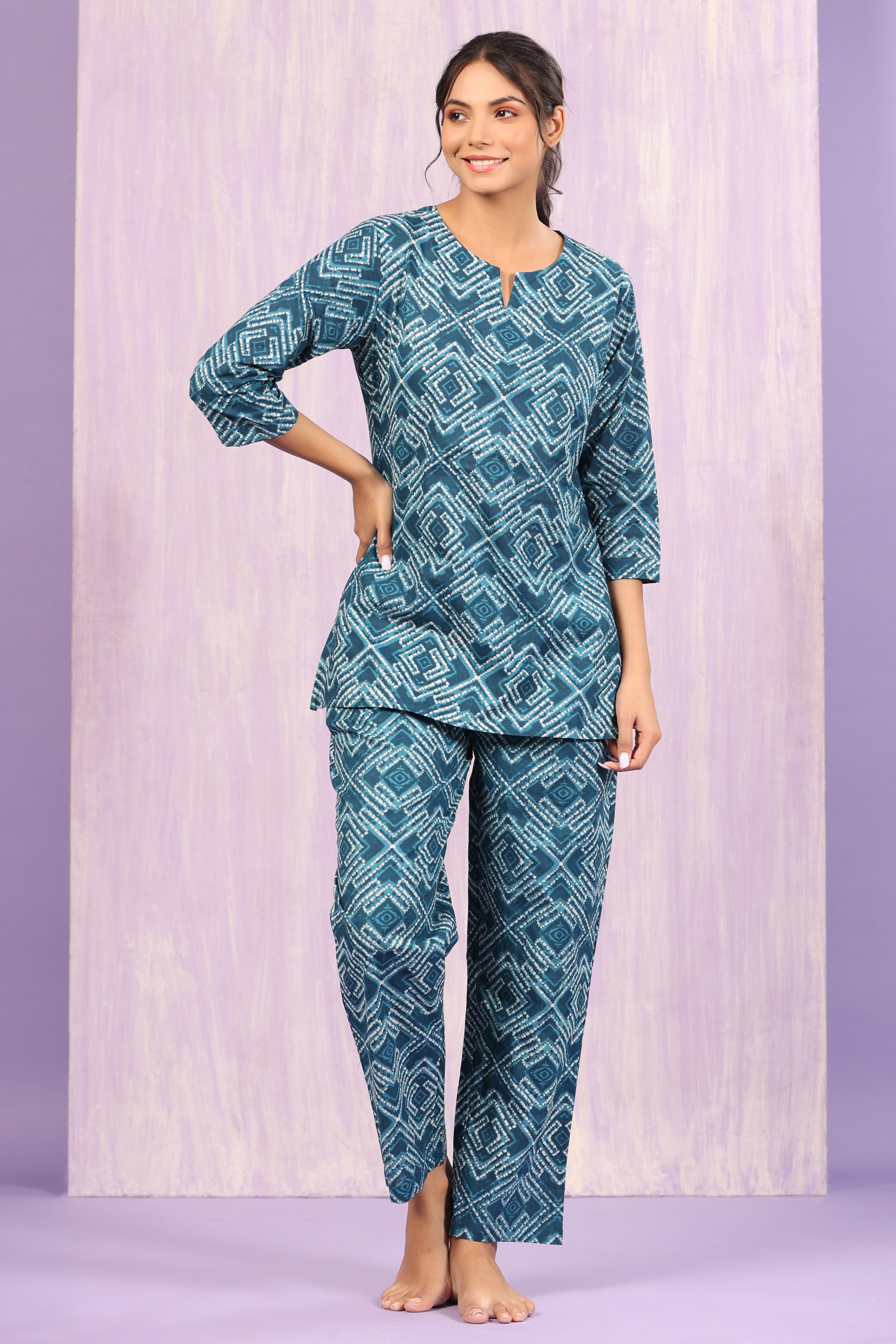 Geometrical Shibori on Indigo Loungewear Top Set