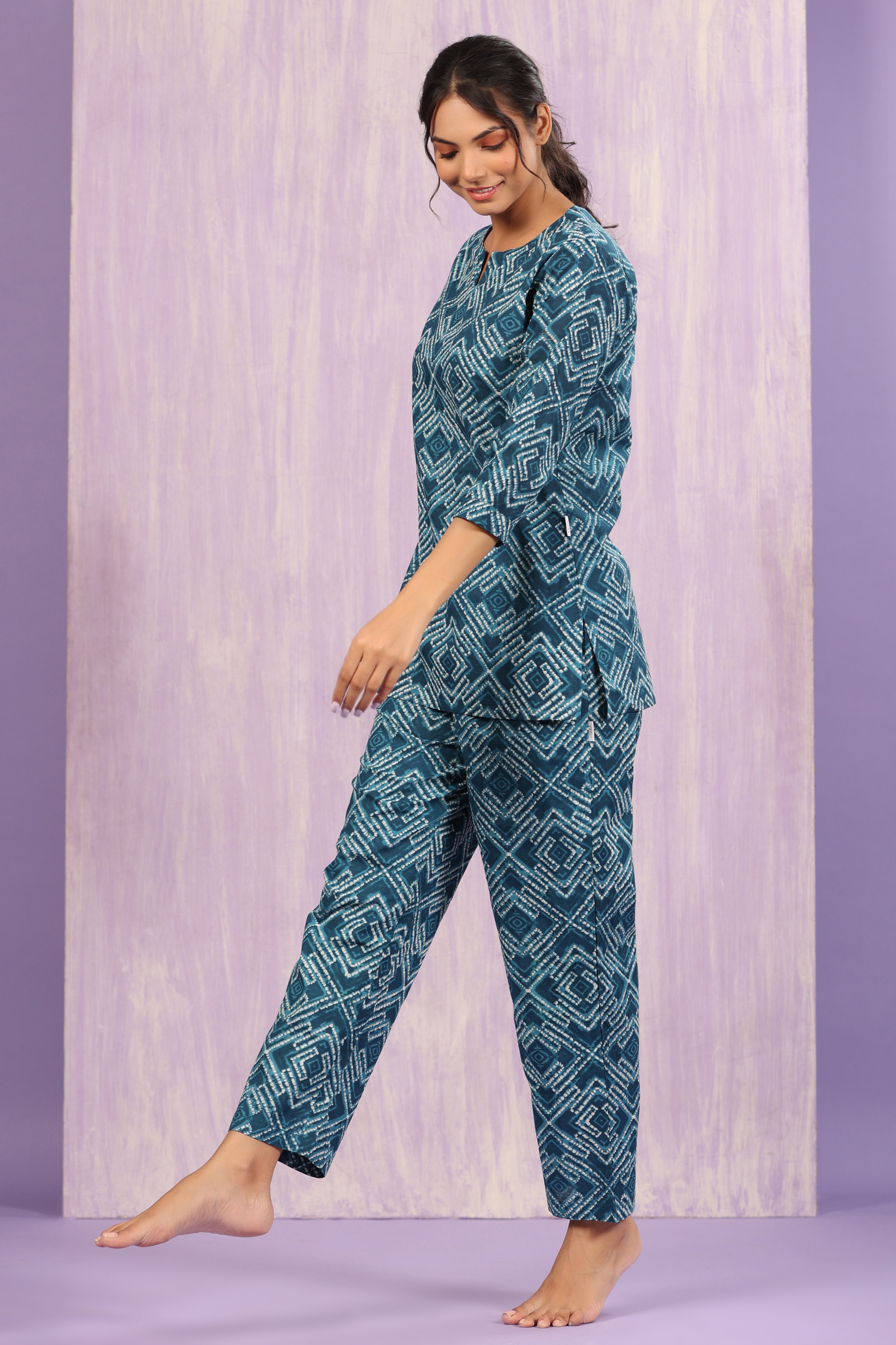 Geometrical Shibori on Indigo Loungewear Top Set