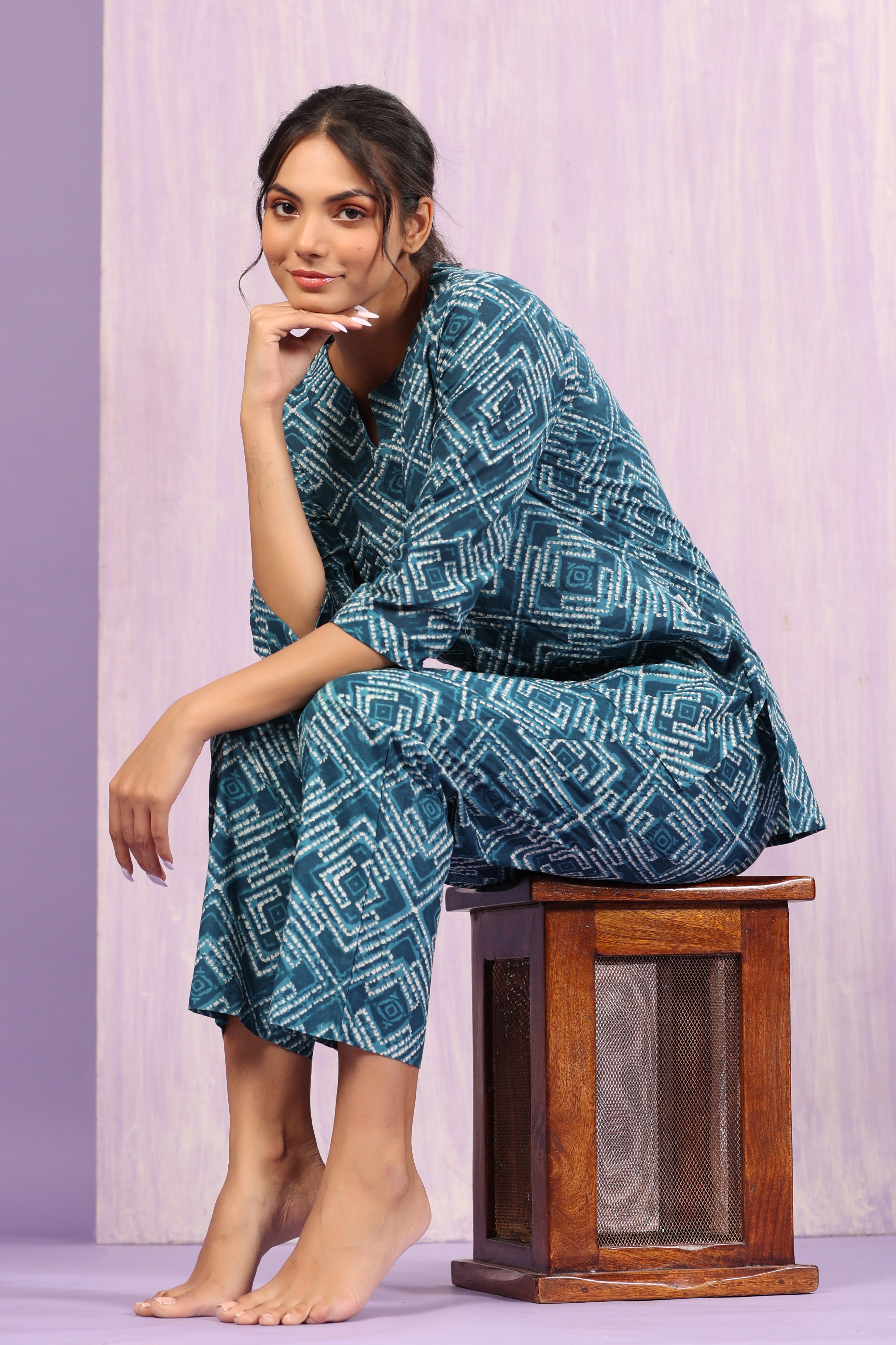 Geometrical Shibori on Indigo Loungewear Top Set