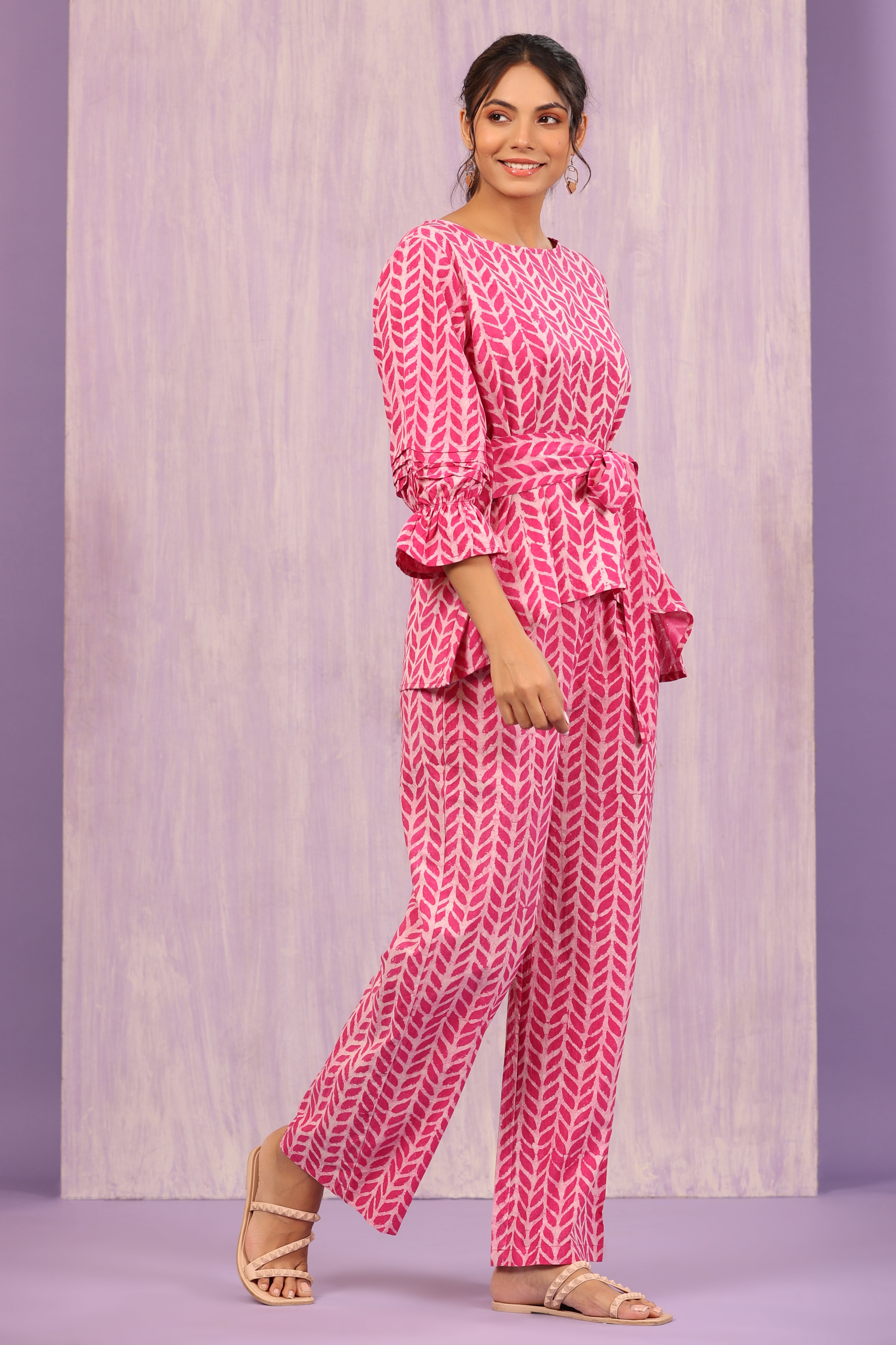 Flowing Leaves on Pink Front Knot Co-ord Set