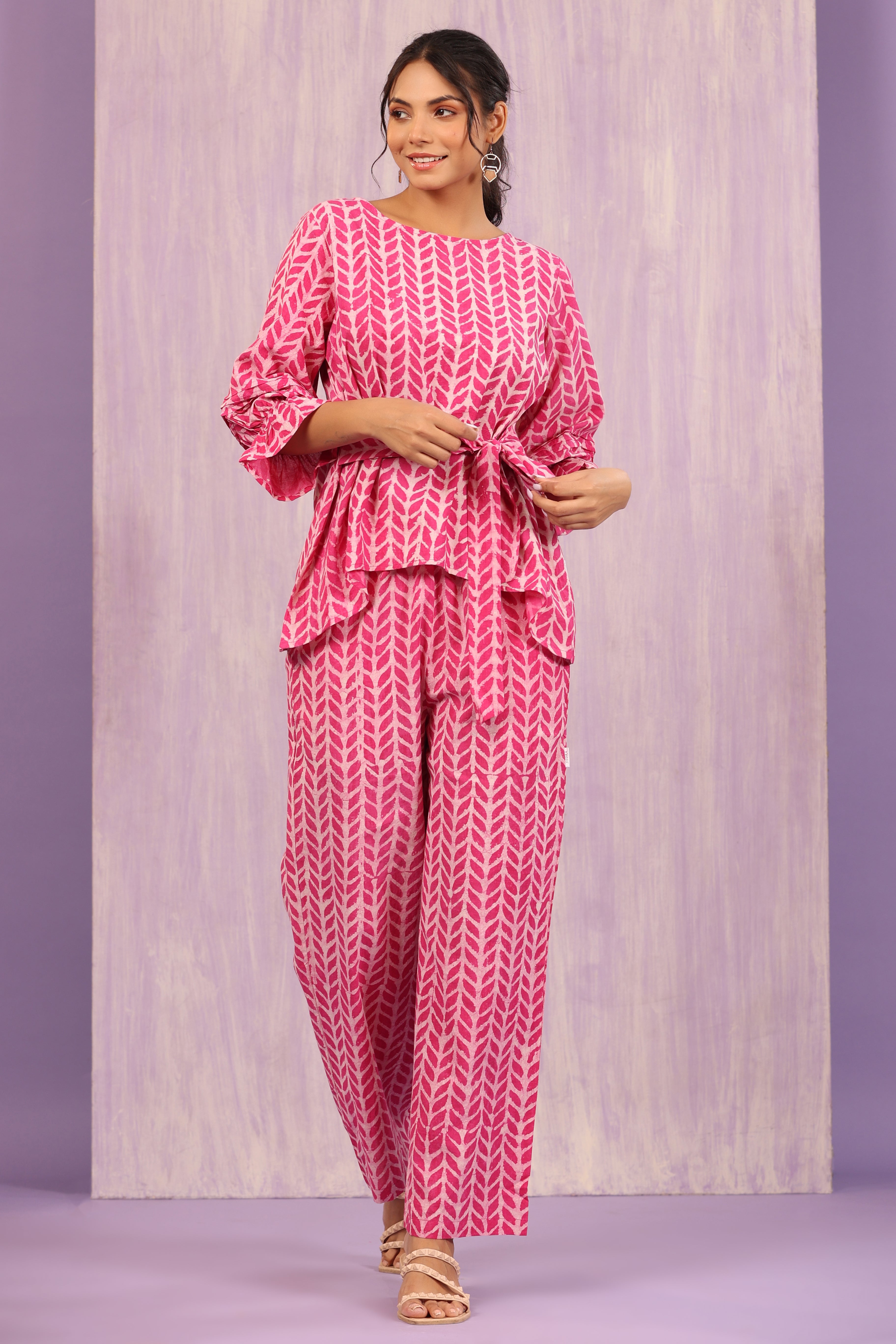 Flowing Leaves on Pink Front Knot Co-ord Set