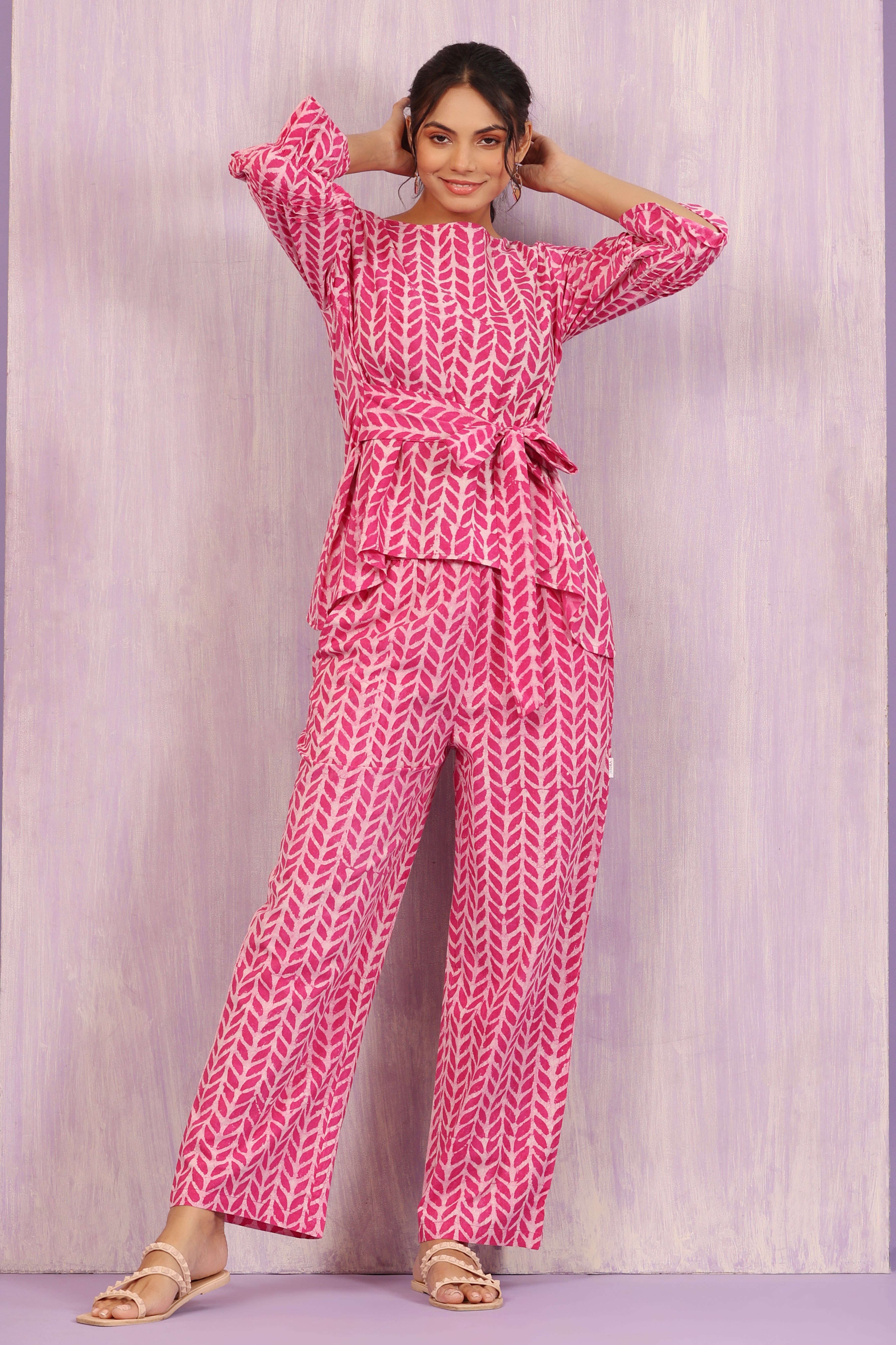 Flowing Leaves on Pink Front Knot Co-ord Set