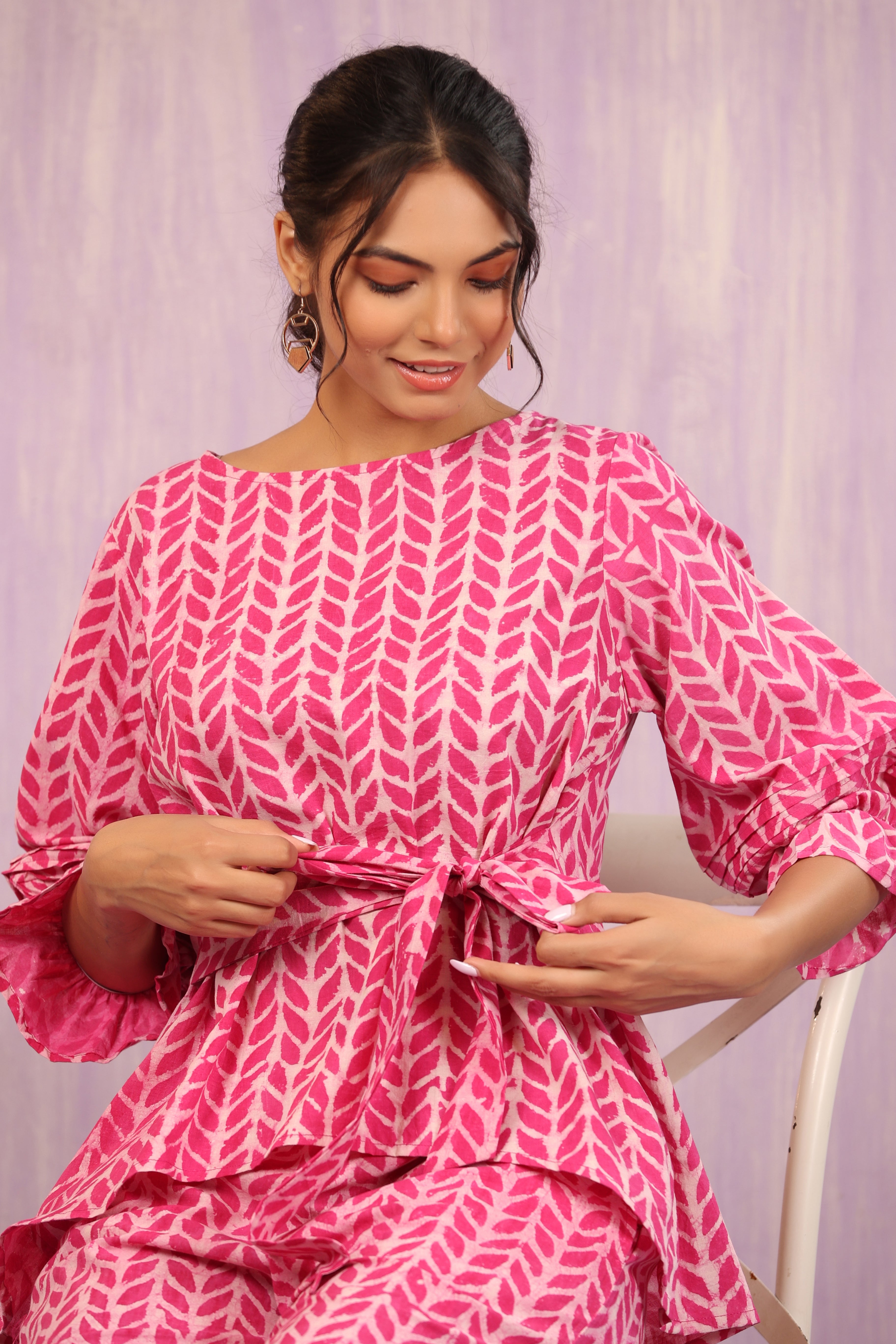 Flowing Leaves on Pink Front Knot Co-ord Set