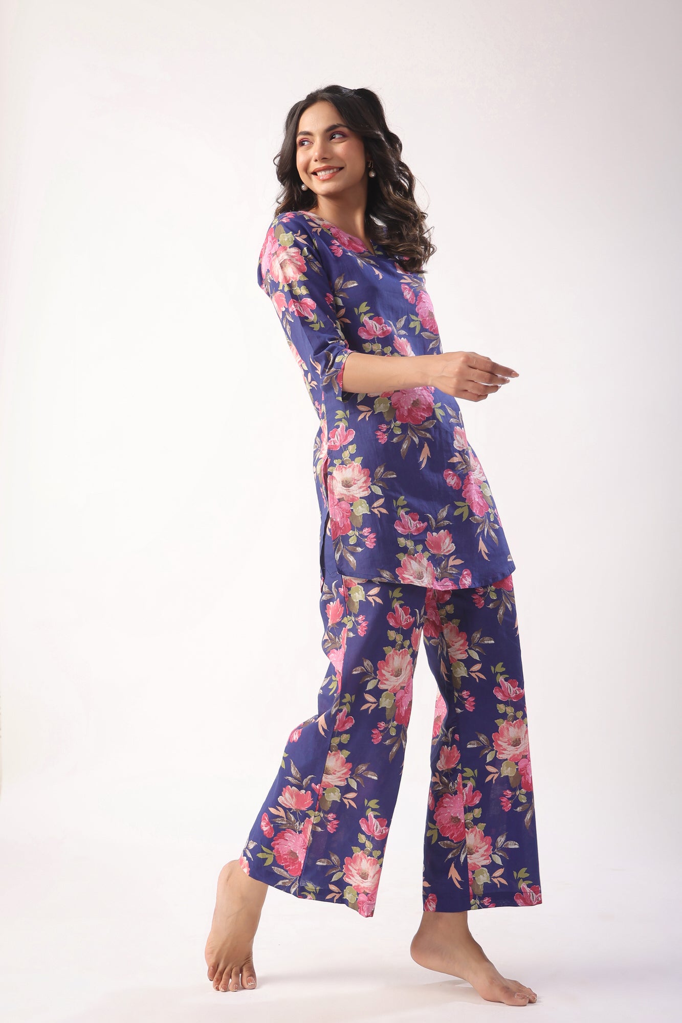 Floral Bouquet on Indigo Cotton Palazzo Loungewear Set