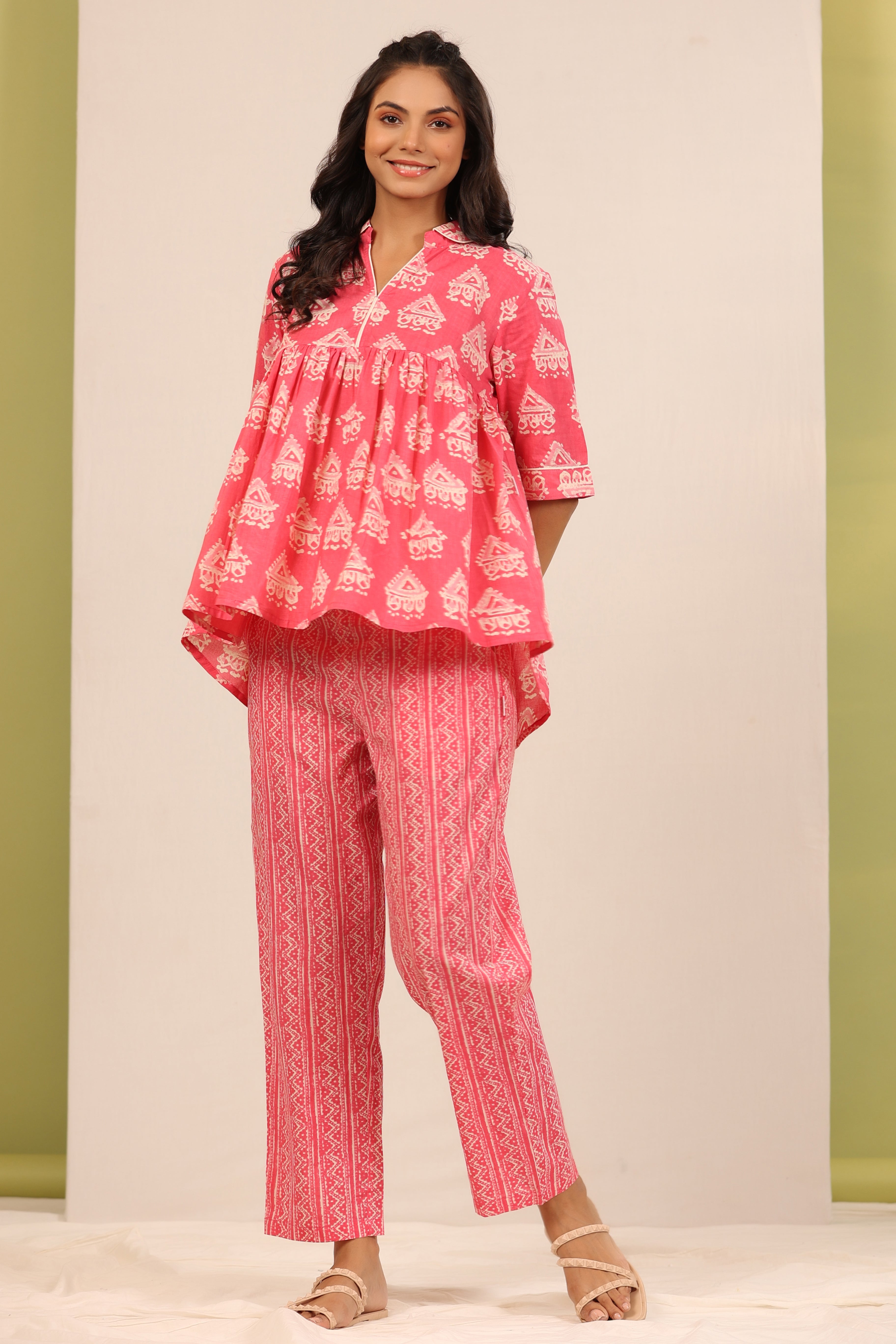 Bagru Batik Print on Pink Peplum Loungewear Top Set