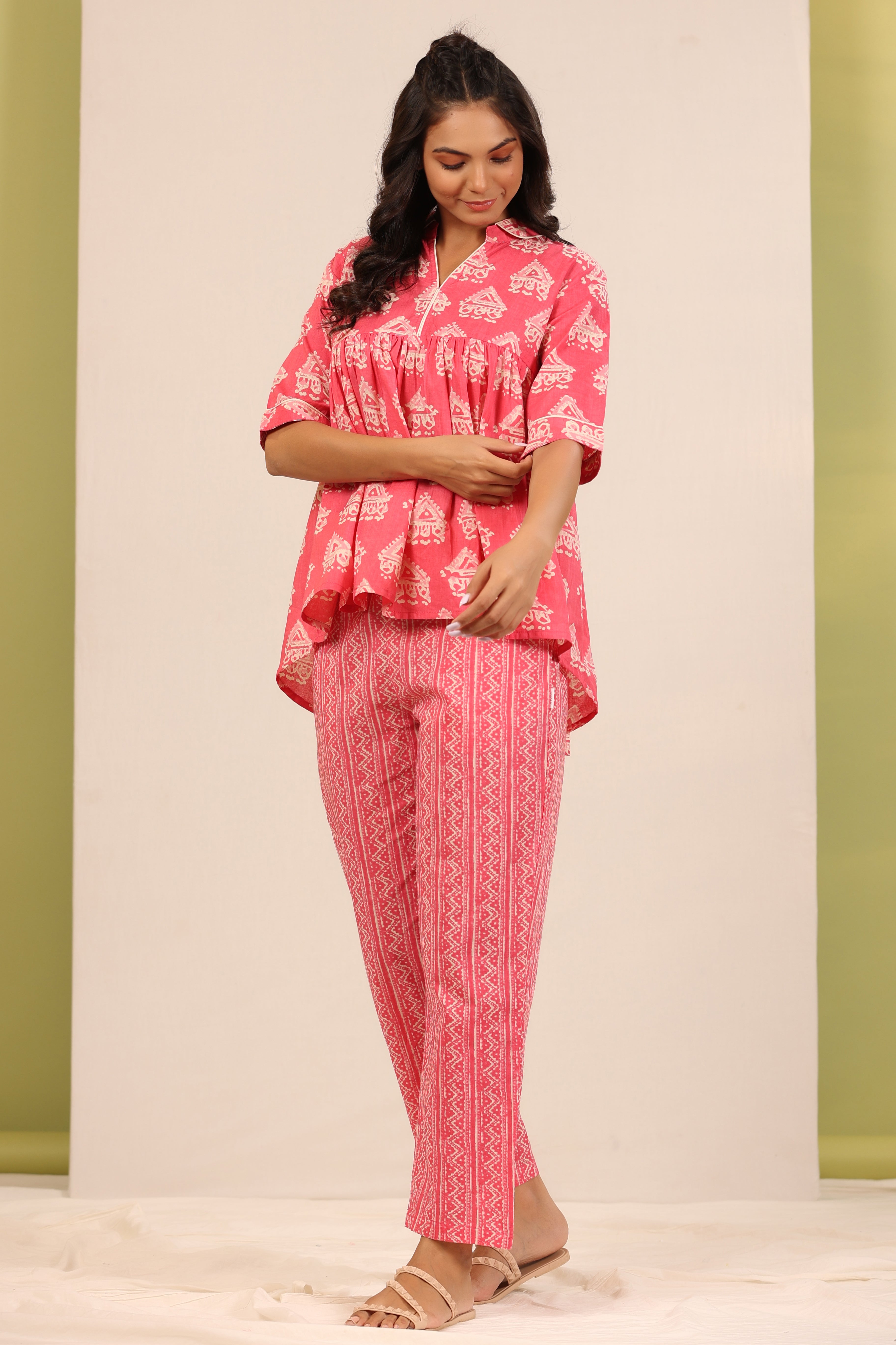 Bagru Batik Print on Pink Peplum Loungewear Top Set