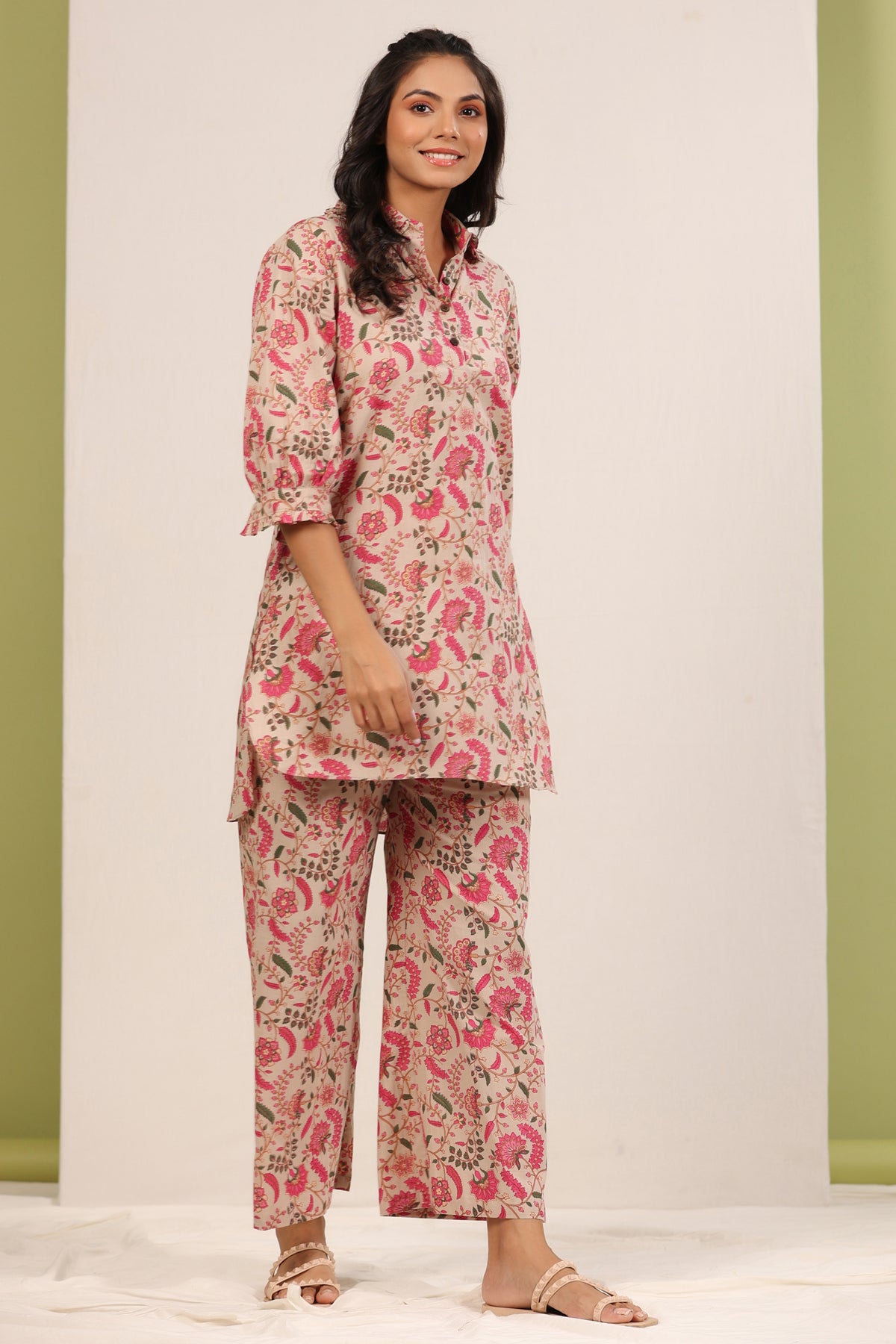 Floral Jaal on Beige Palazzo Loungewear Set